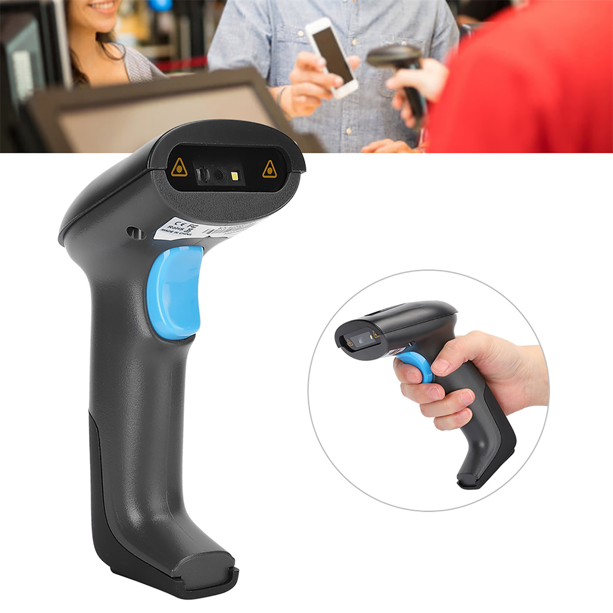 Ein schwarz-blauer Barcodescanner mit Griff und ein Benutzer, der scannt.