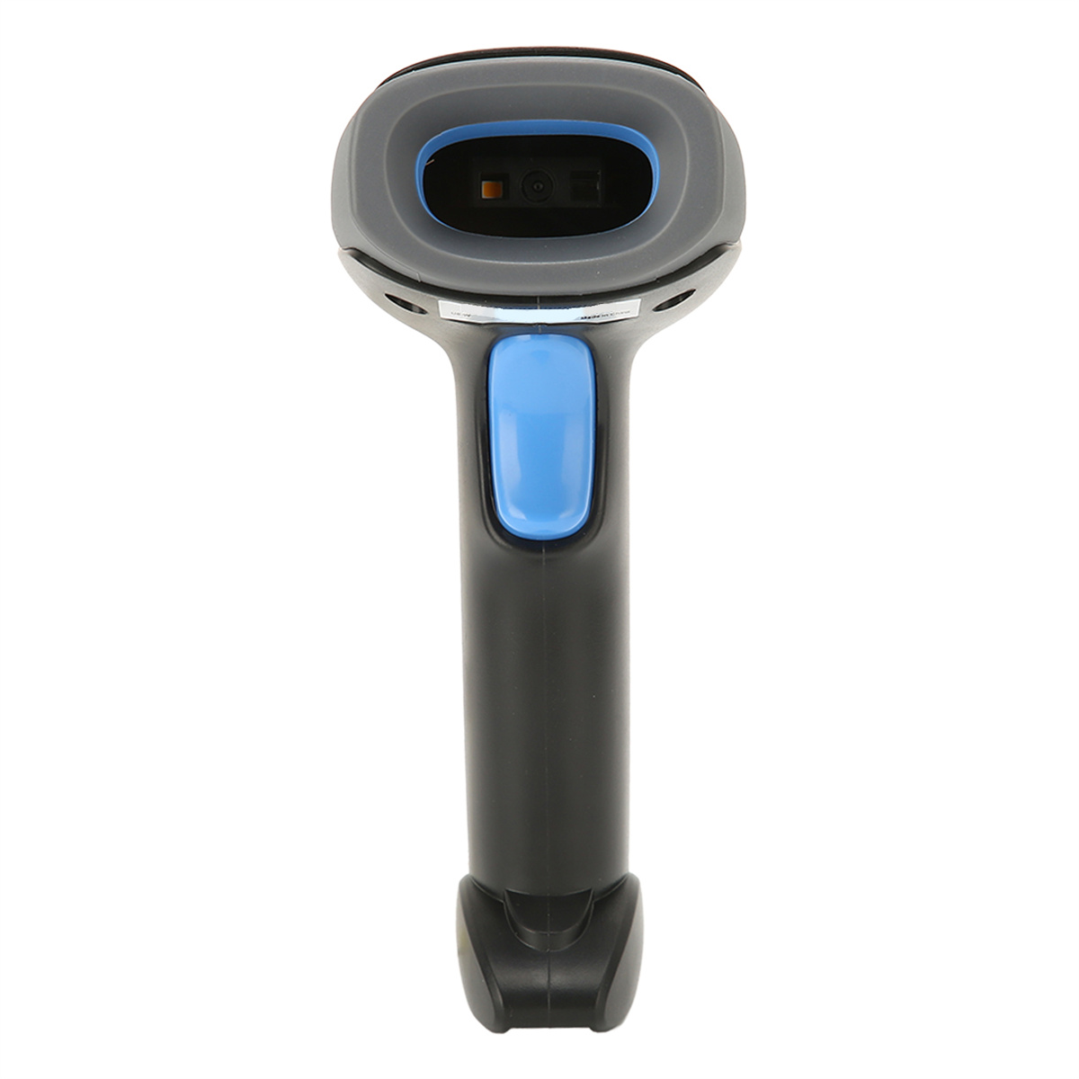 Handlicher schwarz-grauer Barcodescanner mit blauem Knopf und Scanfenster oben.