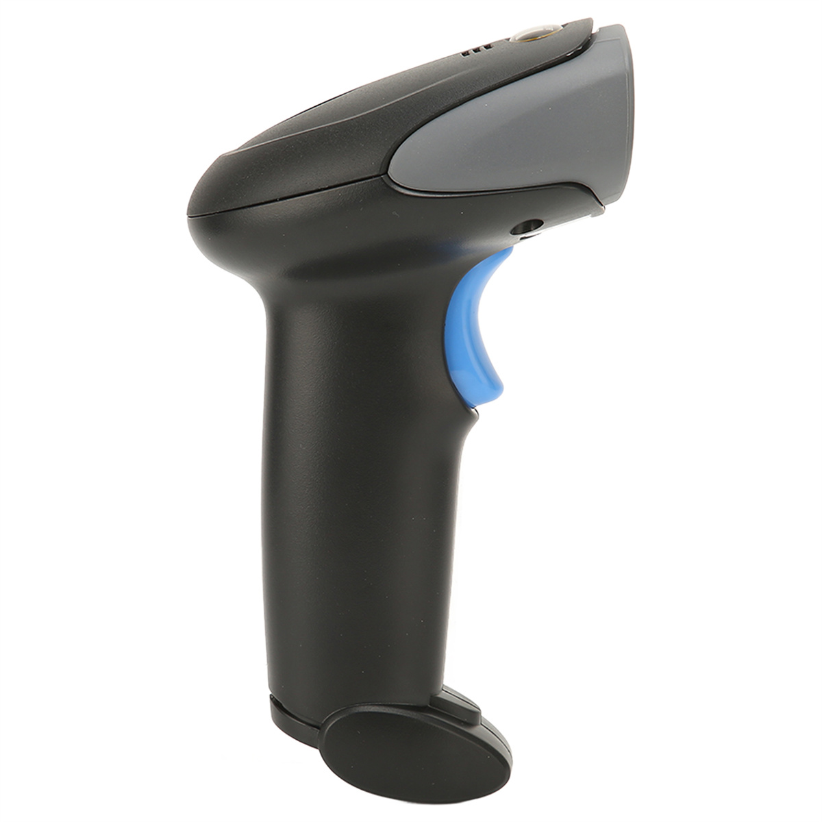 Schwarzer und grauer Barcodescanner, blauer Knopf, weißer Hintergrund.