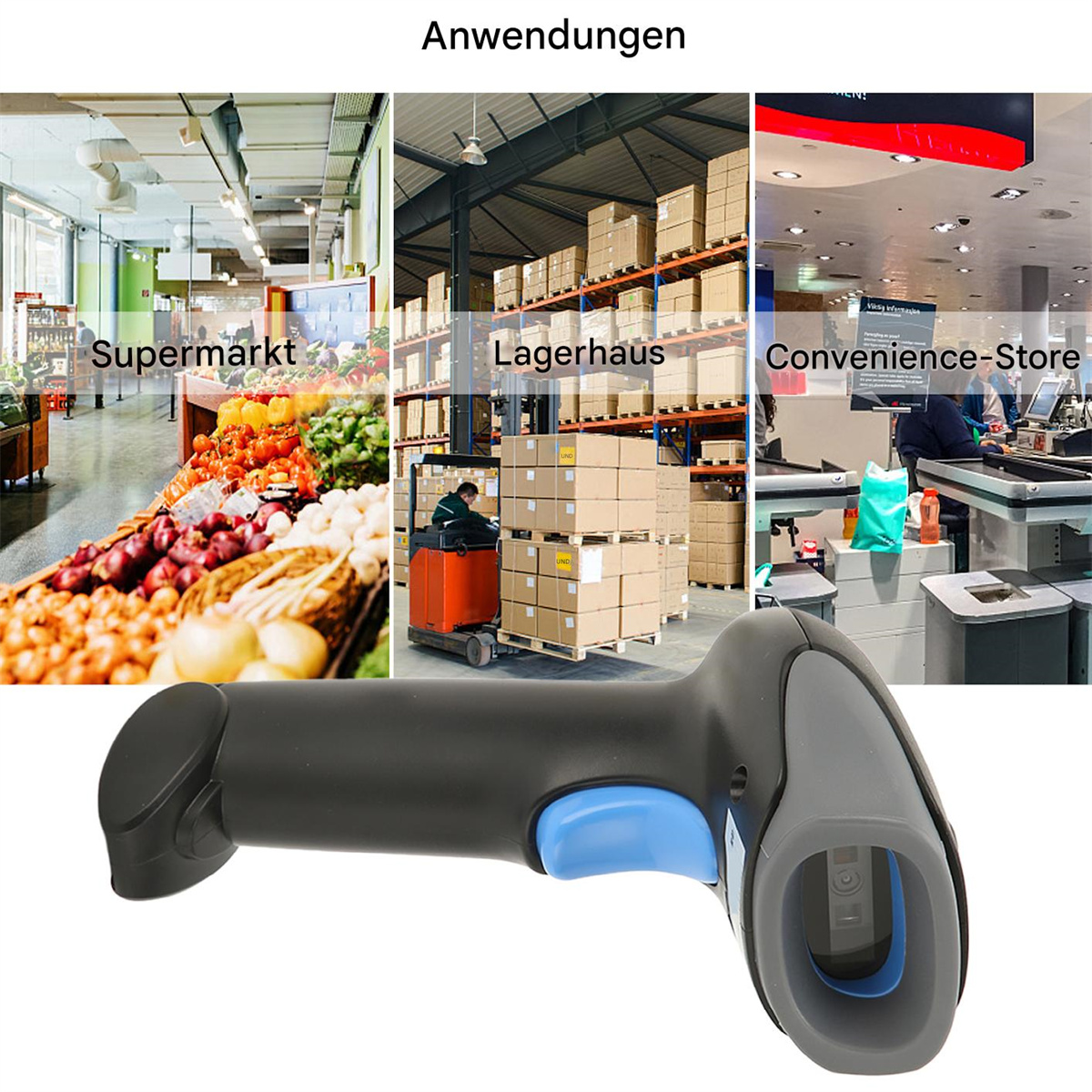 Barcodescanner mit verschiedenen Anwendungen: Supermarkt, Lager, Convenience-Store.