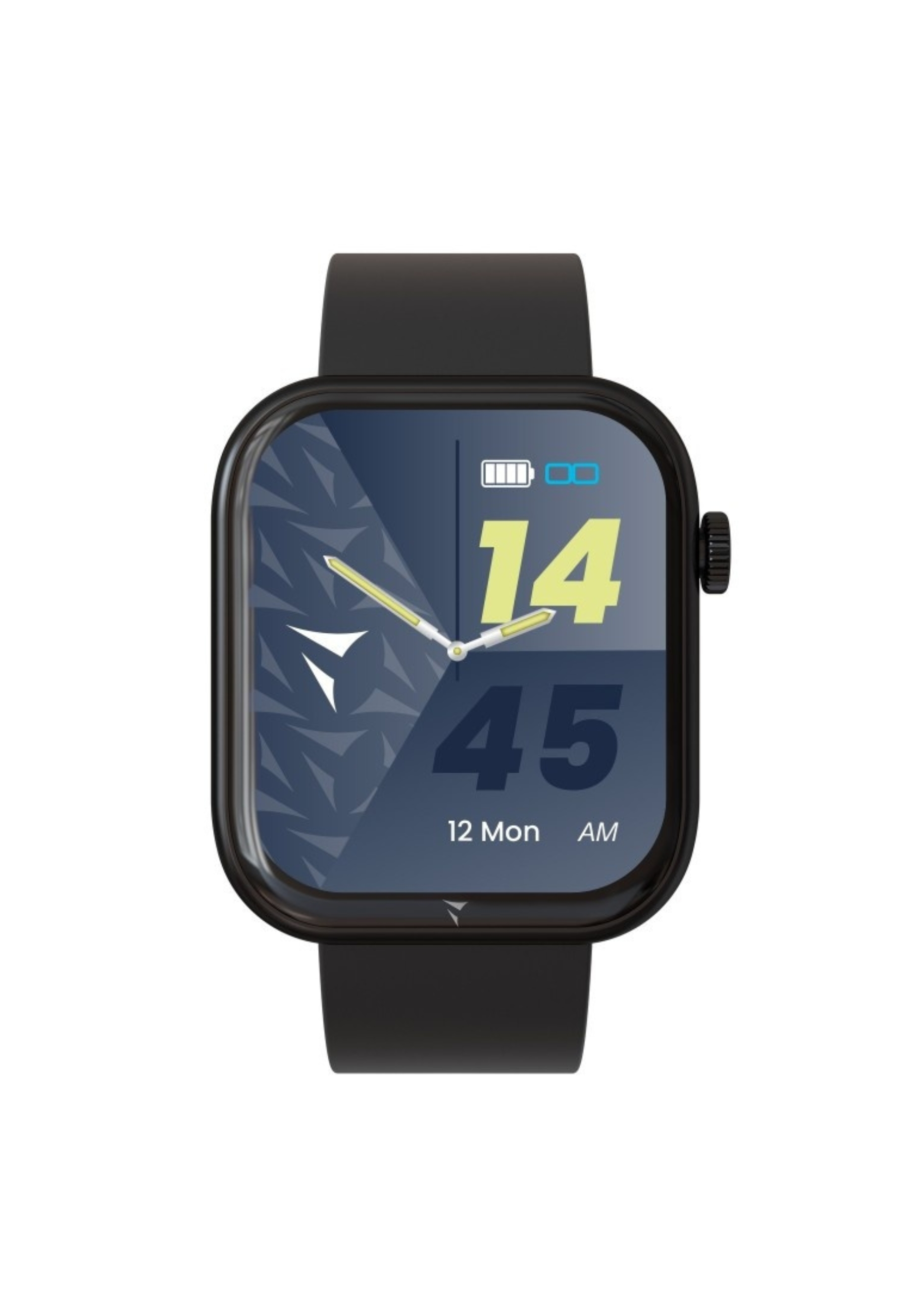Eine schwarze Smartwatch mit quadratischem Zifferblatt, das Zeit und Akku anzeigt, auf weißem Hintergrund.