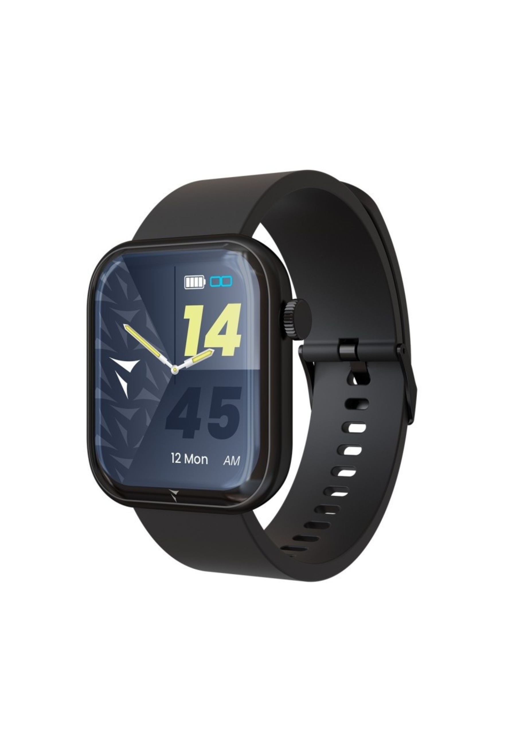 Eine schwarze Smartwatch mit rechteckigem Bildschirm, der Zeit und Datum anzeigt.