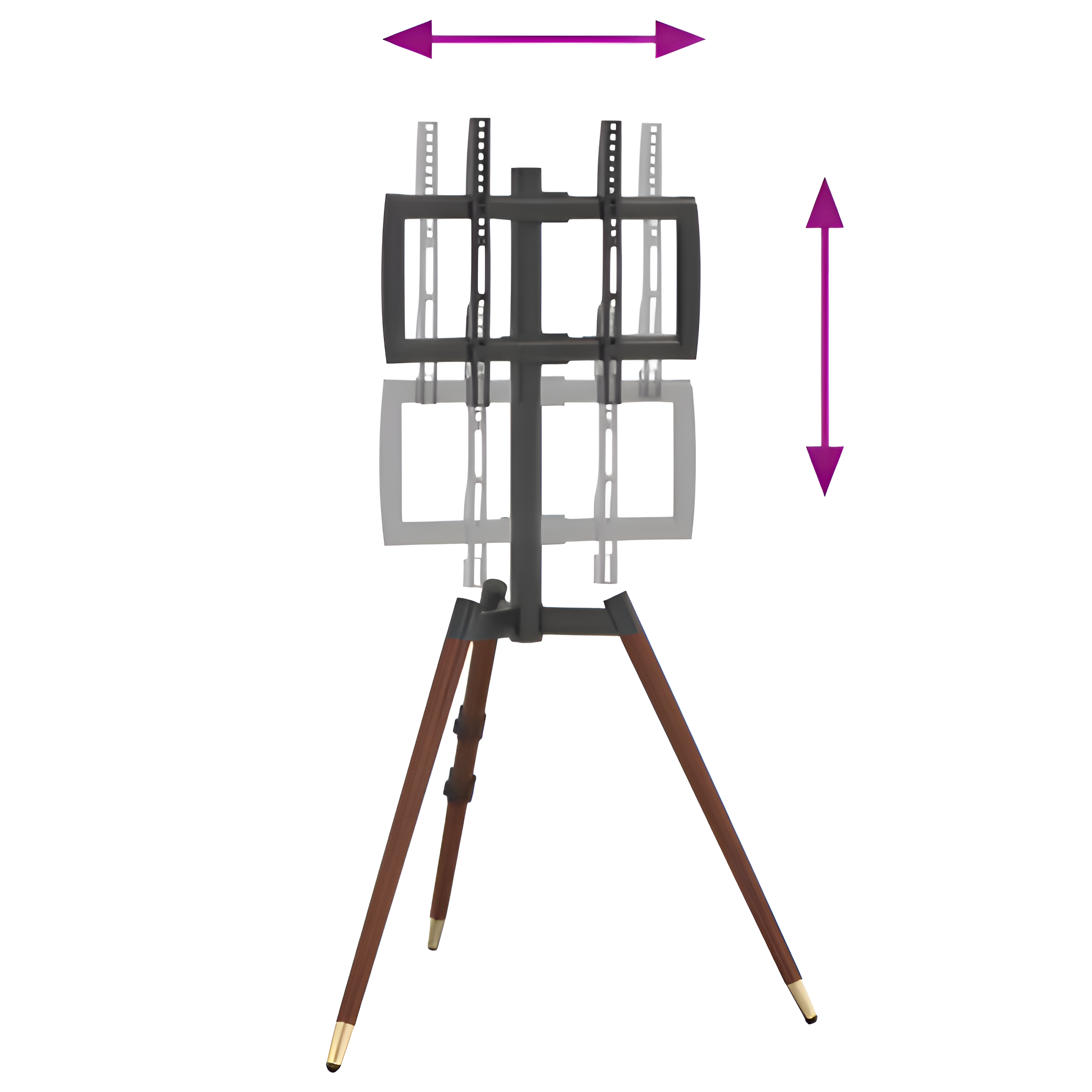 Ein schwarzer TV-Ständer mit Holz-Dreibein-Basis. Pfeile zeigen Höhen- und Breitenverstellung an.