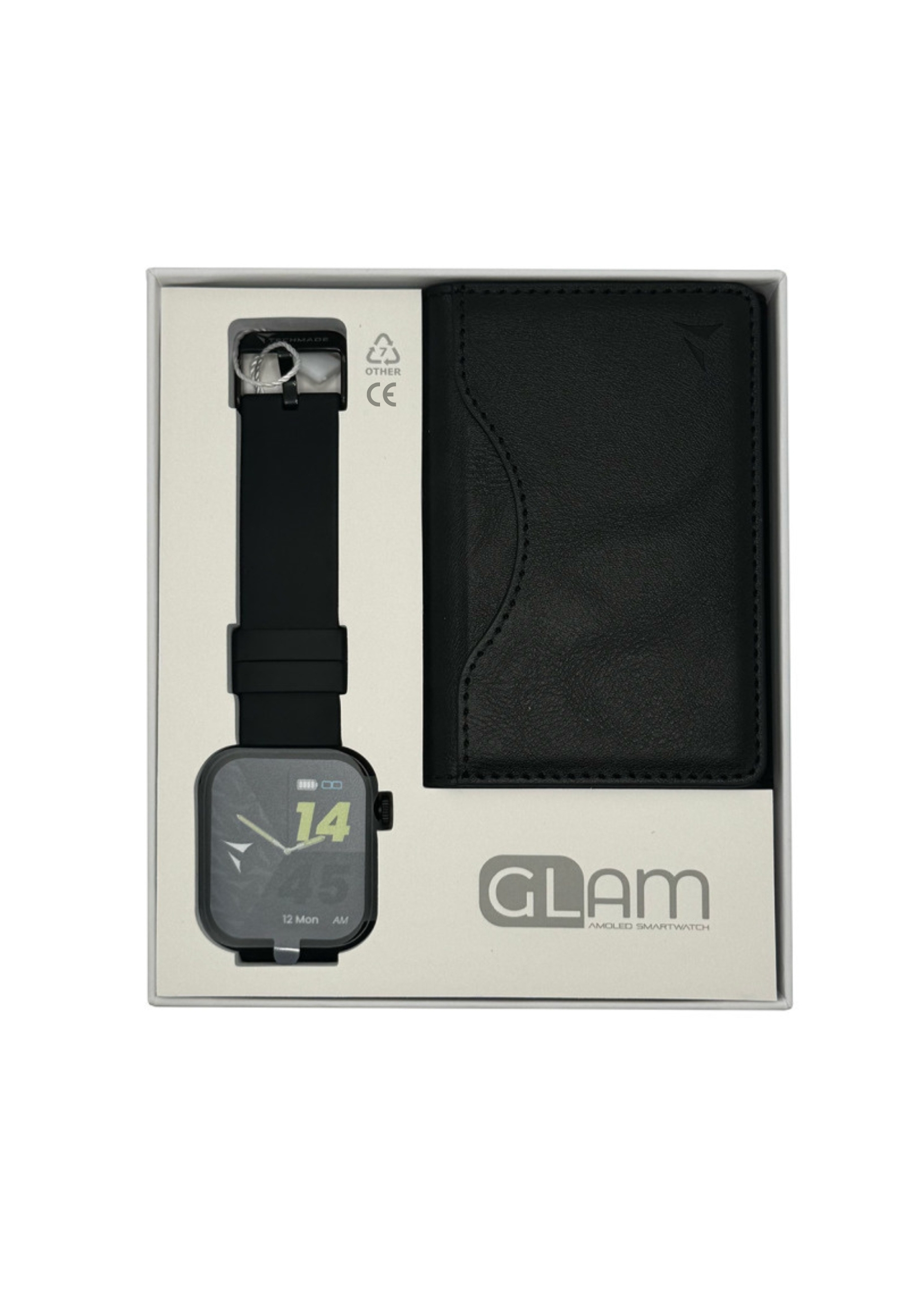 Eine Smartwatch und ein Portemonnaie in einer Box. Die Smartwatch hat ein schwarzes Band und Bildschirm.