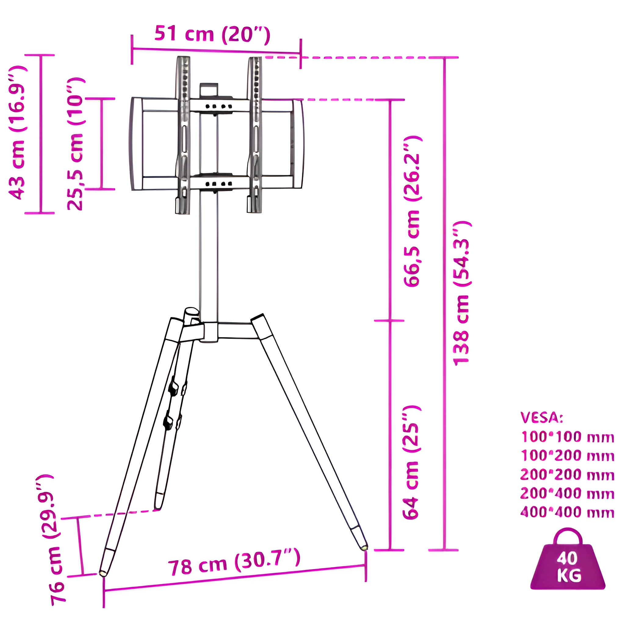 Diagramm eines TV-Ständers mit Abmessungen und Gewichtsangaben auf weißem Hintergrund.