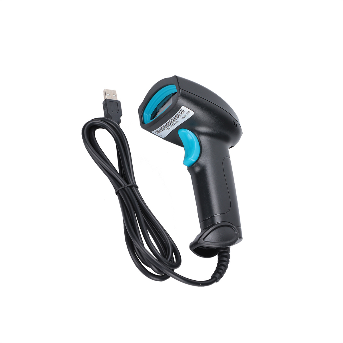 Schwarzer Barcode-Scanner mit blauem Knopf und USB-Kabel, vor weißem Hintergrund.