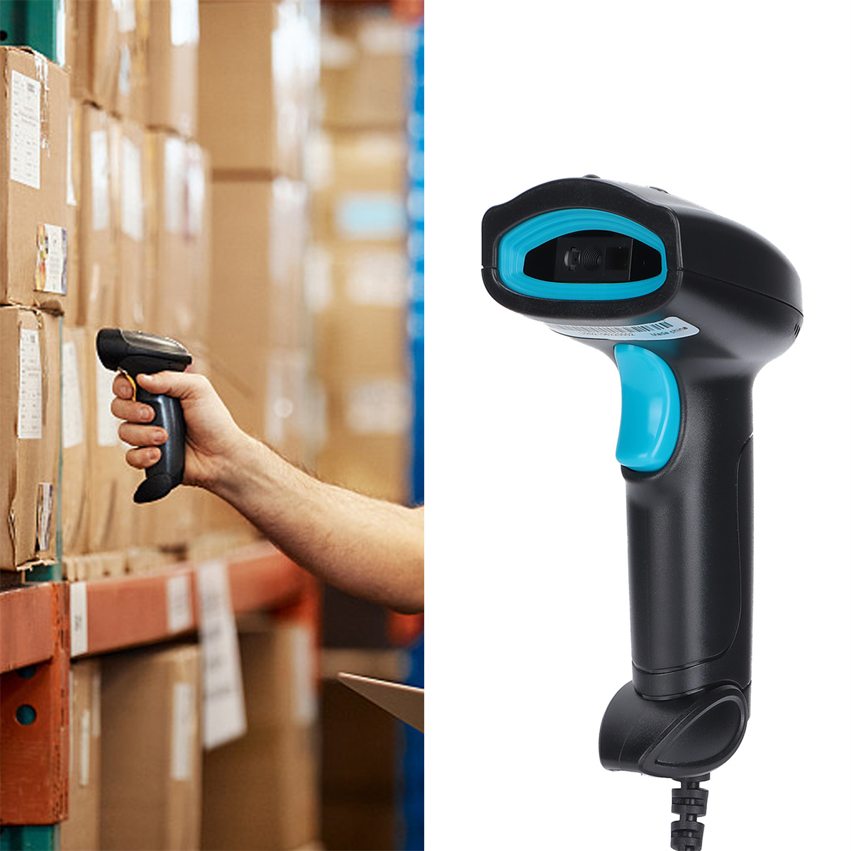 Eine Person hält einen Barcode-Scanner in einem Lager. Der Scanner ist schwarz und blau.