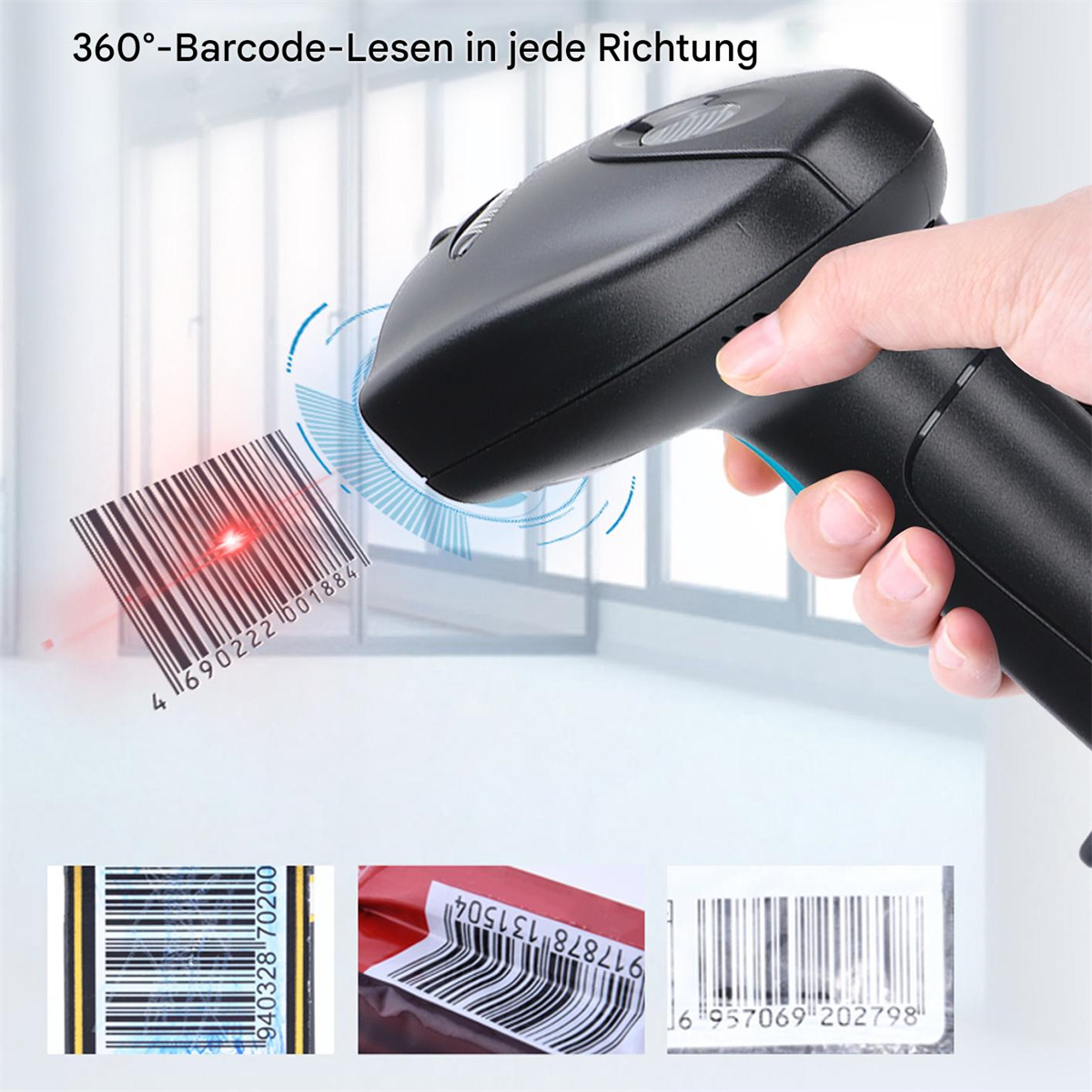 Hand hält einen Barcode-Scanner über einem Barcode. Zusätzliche Barcodes unter dem Scanner.