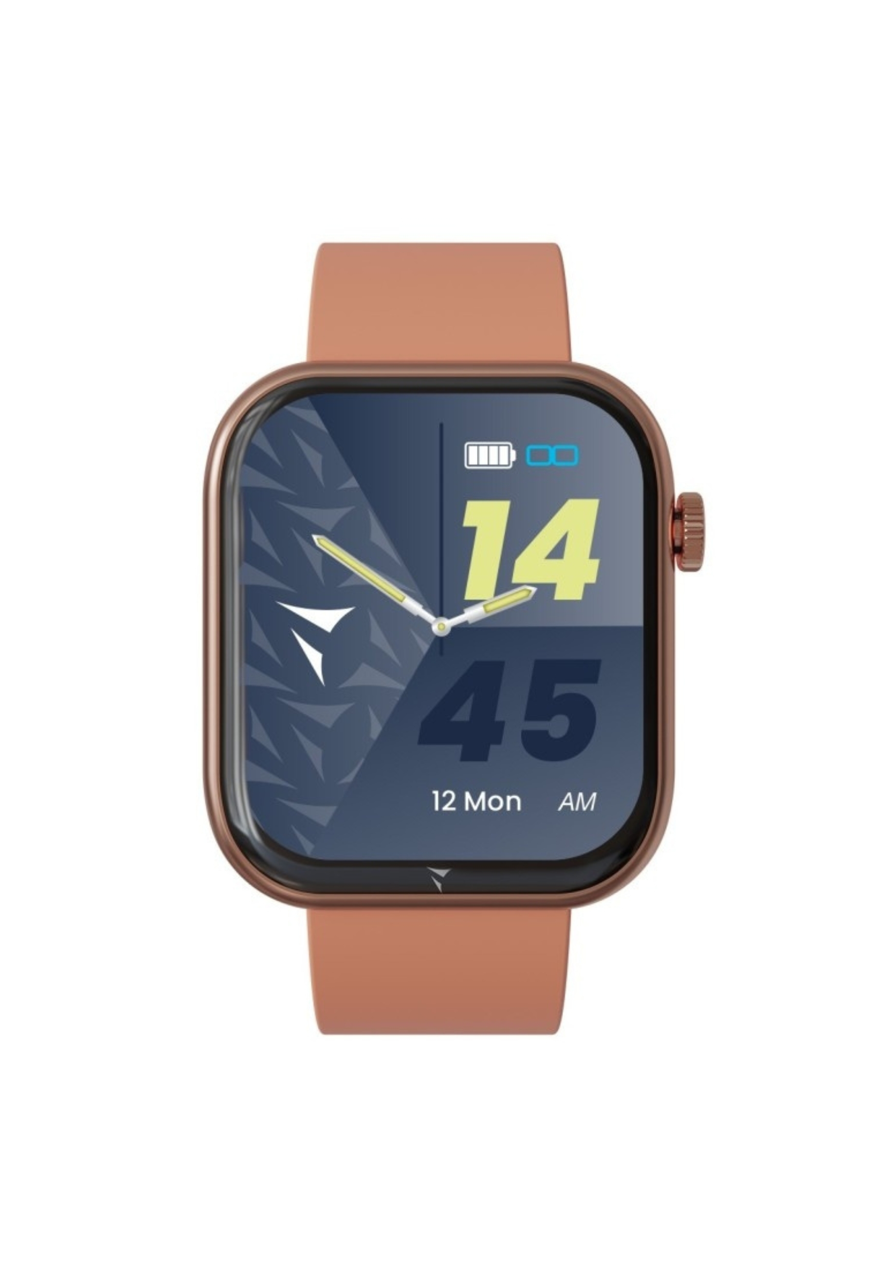 Smartwatch avec bracelet or rose, affichant l'heure, la date et la batterie.