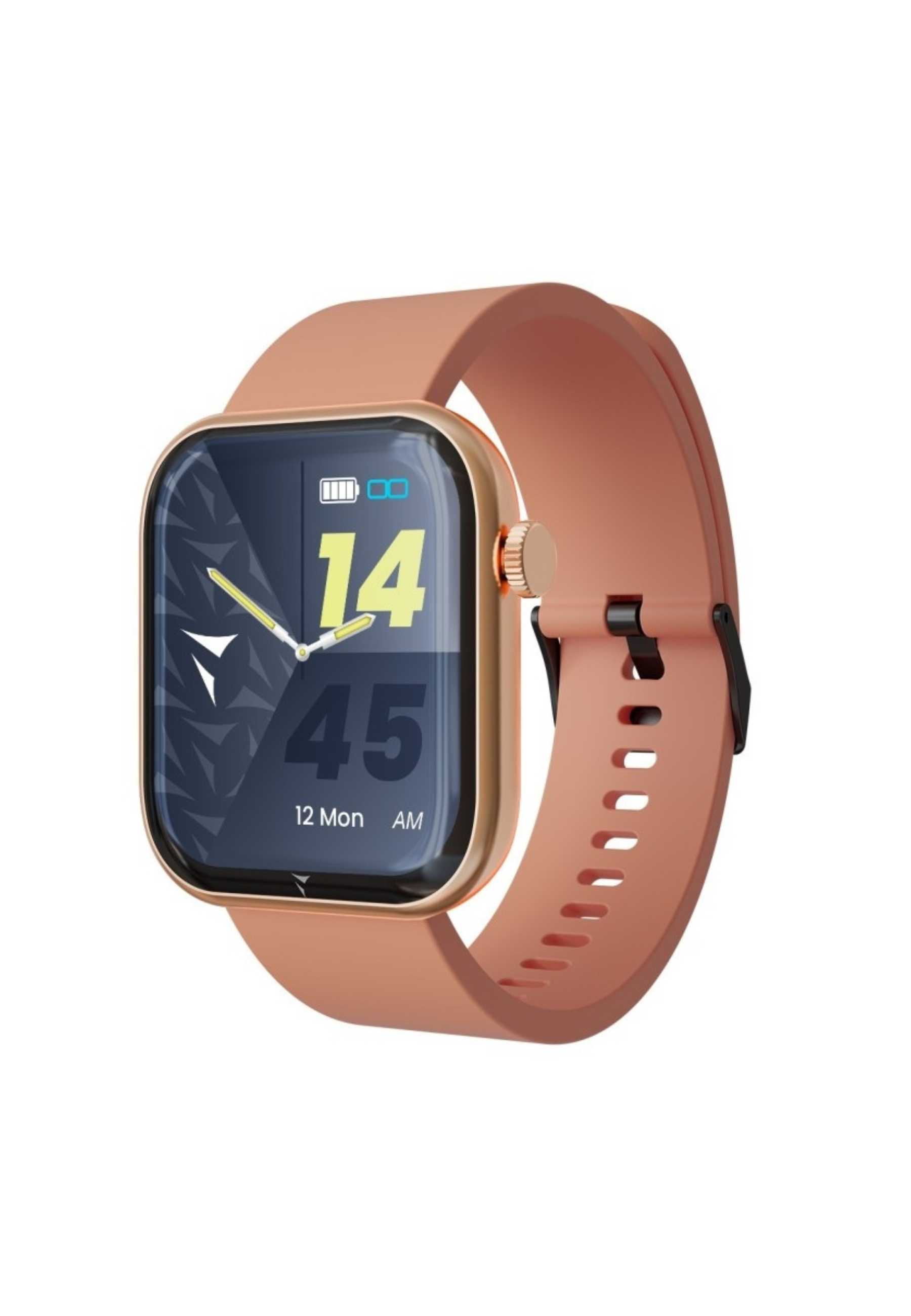 Une smartwatch dorée avec un bracelet rose, affichant l'heure et la date.