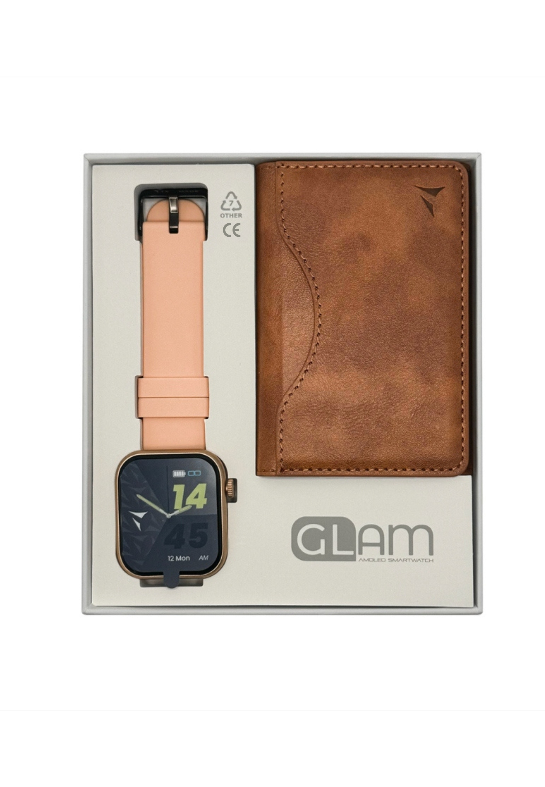 Une smartwatch et un portefeuille dans une boîte. La montre a un bracelet rose clair.