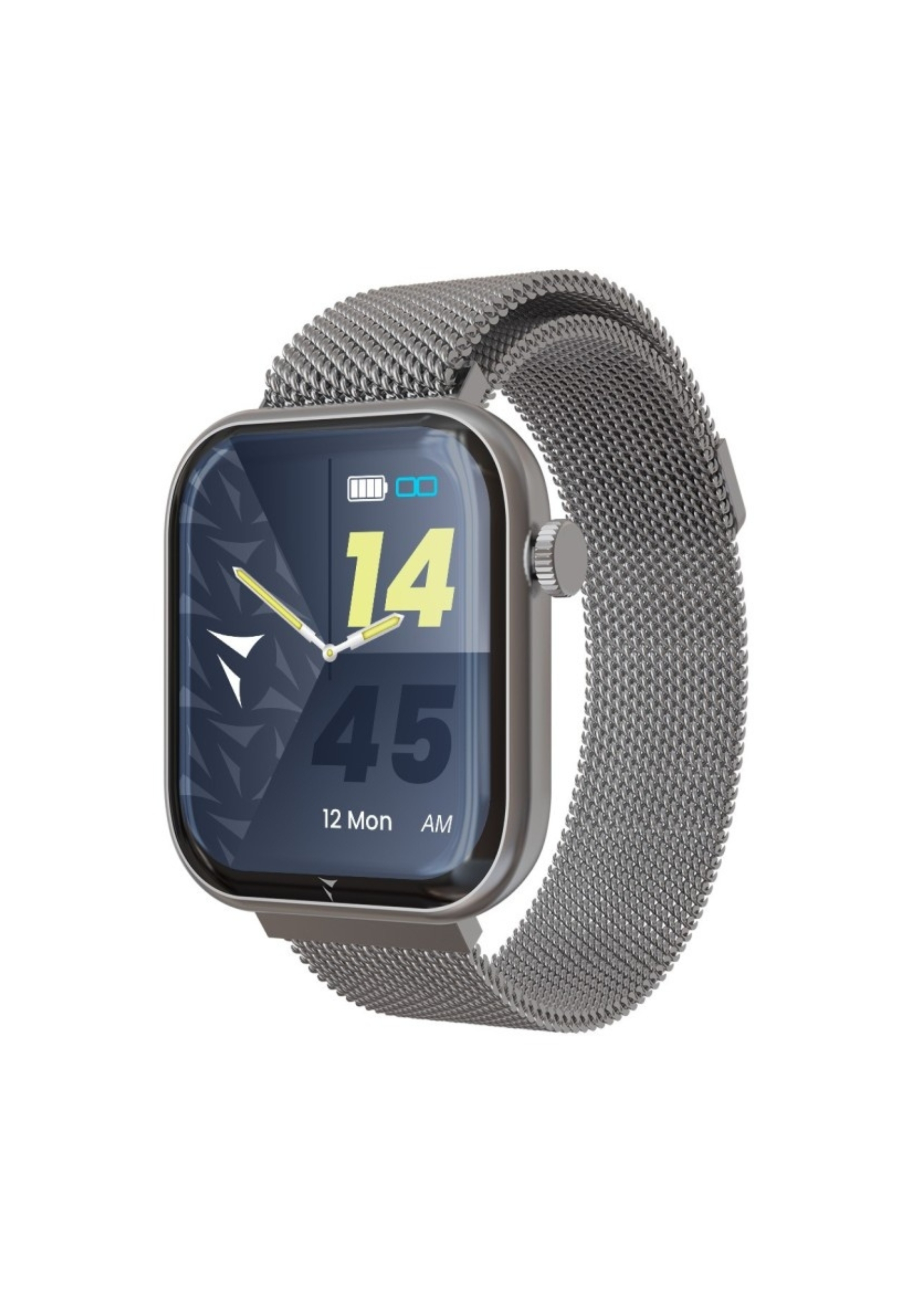 Une montre connectée argentée avec un écran bleu foncé affichant l'heure et la date.
