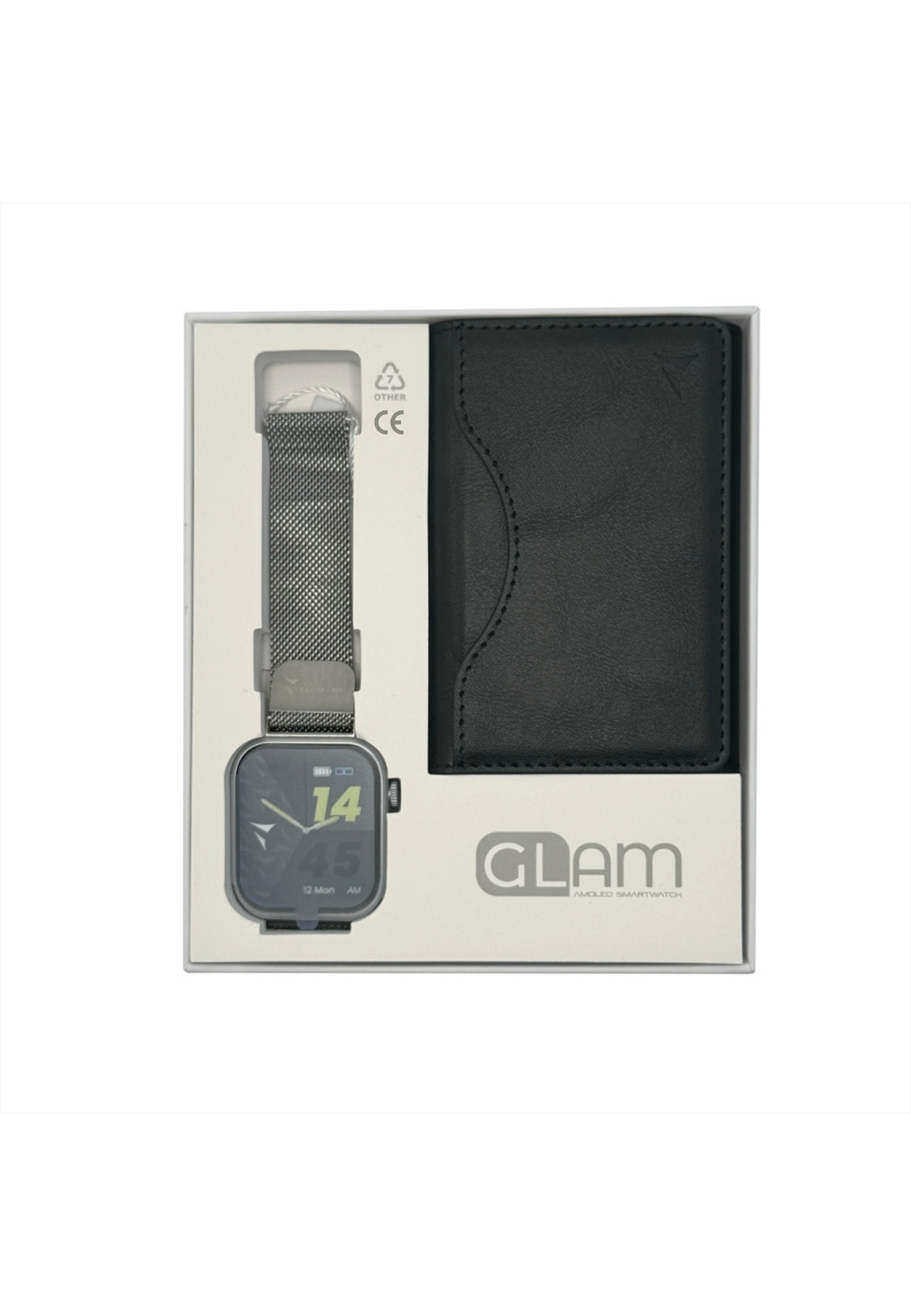Une smartwatch et un portefeuille noir dans une boîte. La montre affiche l'heure.