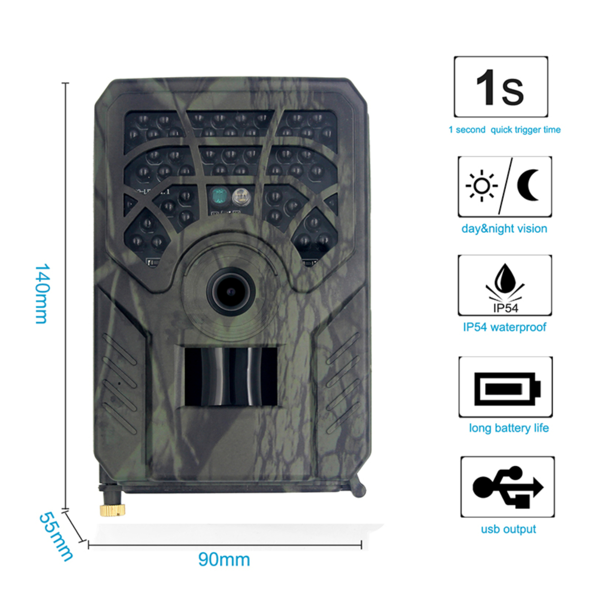 Eine Tarn-Wildkamera mit Abmessungen und Symbolen, die Funktionen wie Nachtsicht und USB-Ausgang zeigen.