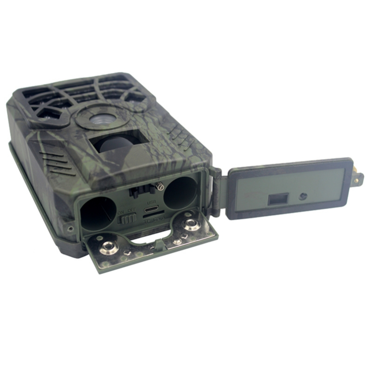 Tarn-Wildkamera, geöffnet mit Batteriefach, USB- und SD-Kartensteckplätzen.