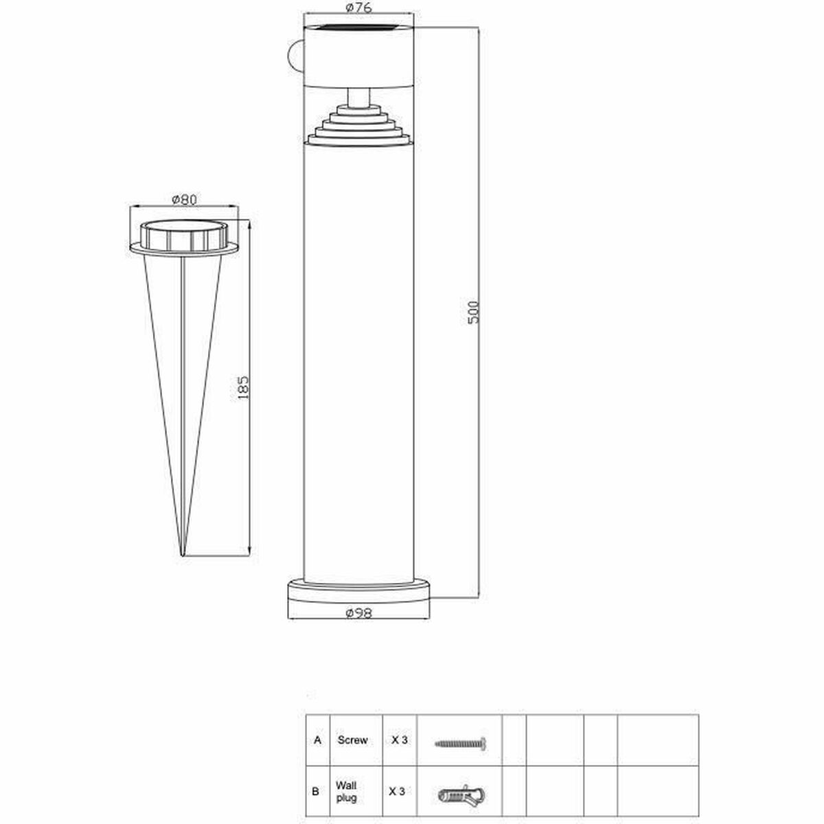 Eine technische Zeichnung einer Lampe mit Abmessungen und Details von Schrauben und Wanddübeln. Weißer Hintergrund.