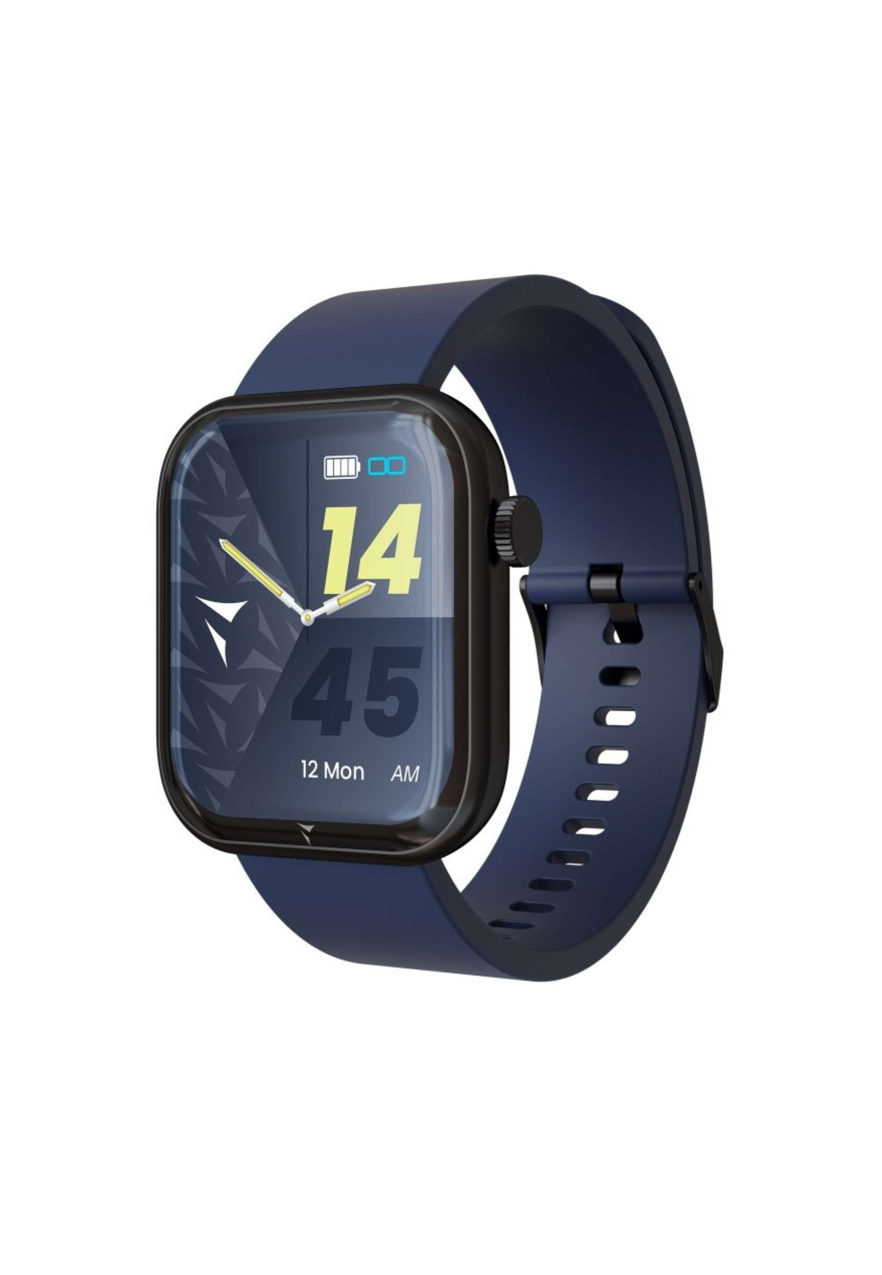 Smartwatch mit blauem Armband. Das Zifferblatt zeigt Uhrzeit, Datum und Akkustand. Schwarzes Uhrengehäuse.