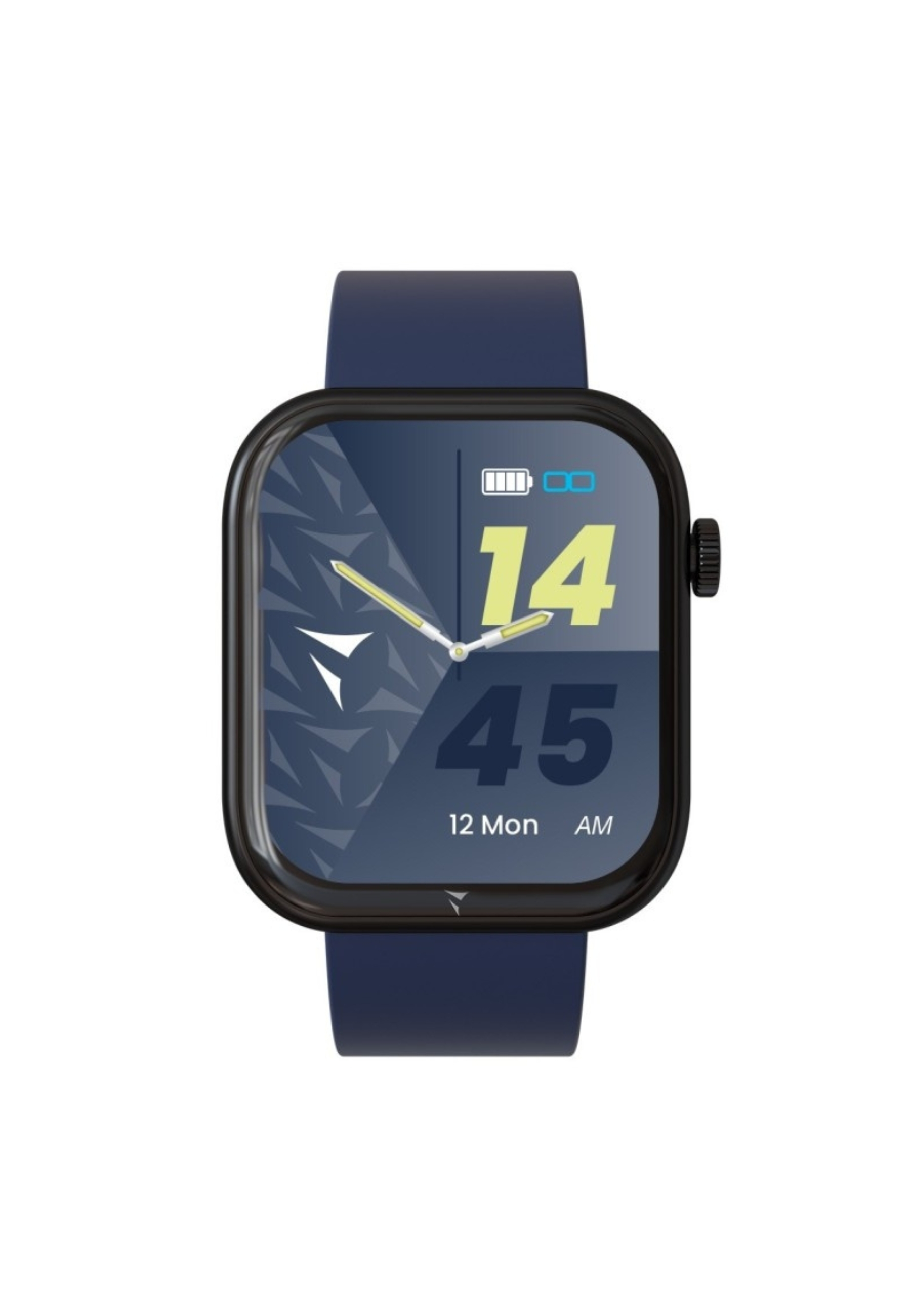 Eine schwarze und blaue Smartwatch mit digitalem Display wird gezeigt.
