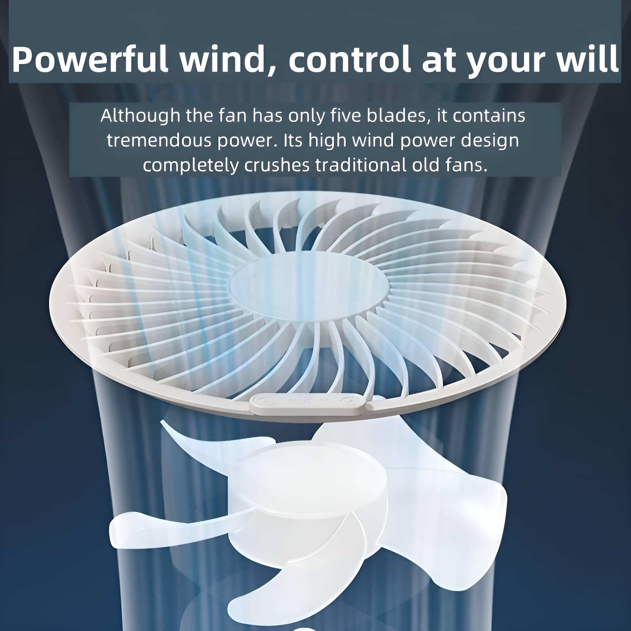 Ein weißer Ventilator mit kreisförmigem Design und blauen Akzenten, mit propellerartigem Design.