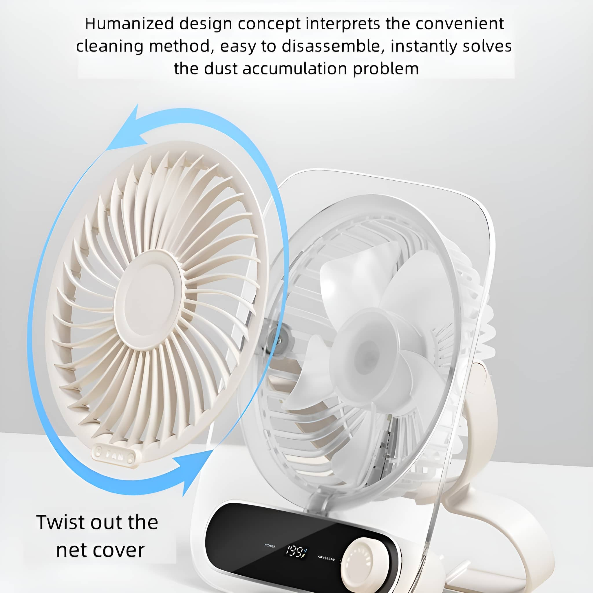 Ein weißer Ventilator mit abnehmbarer Netzabdeckung. Pfeile zeigen die Richtung der Netzabnahme.