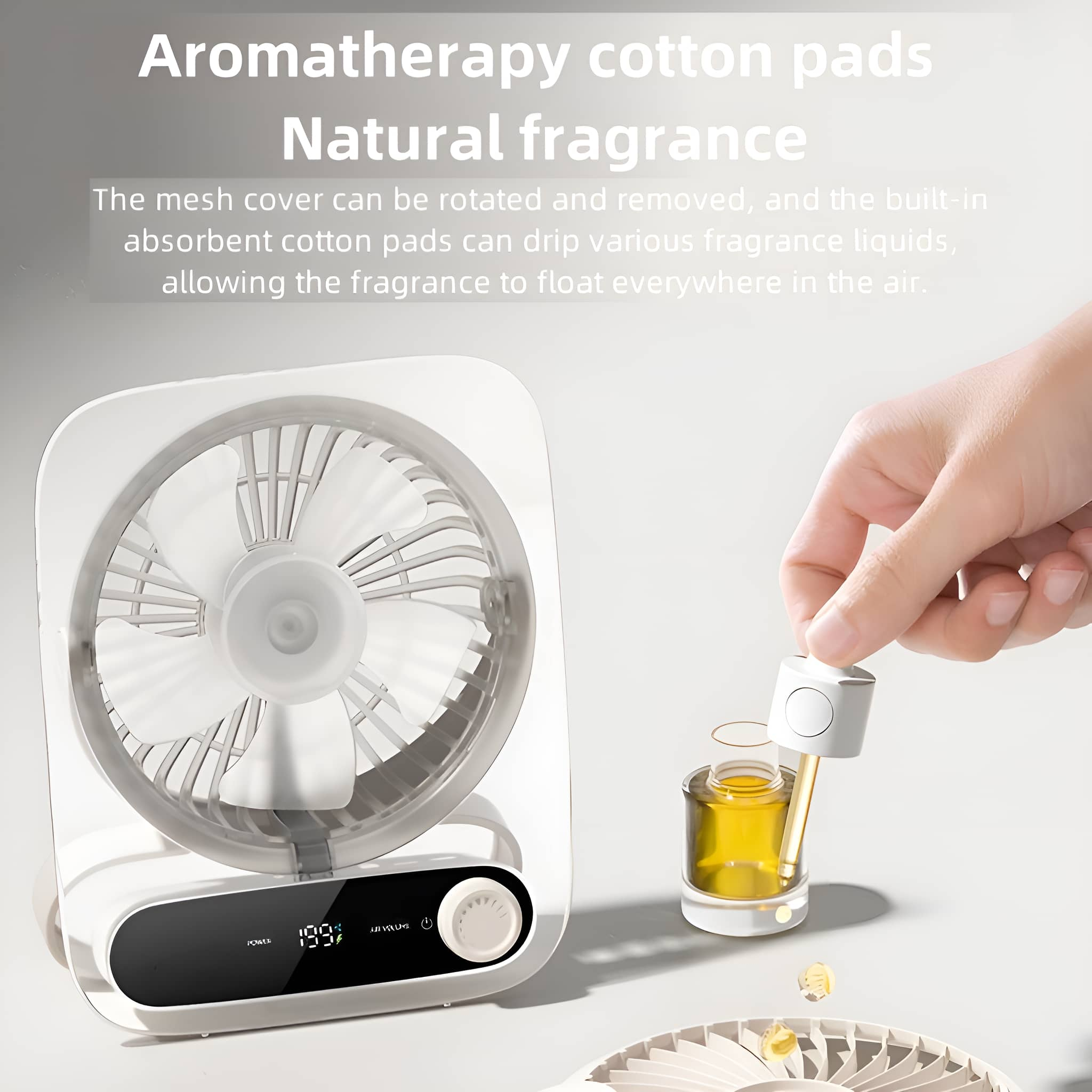 Ein weißer Ventilator mit Digitalanzeige und eine Hand, die ätherisches Öl hineinträufelt.