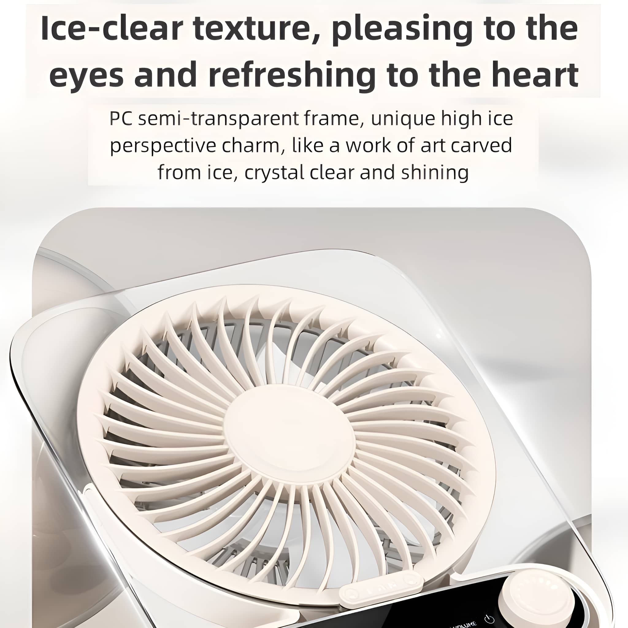 Ein kleiner weißer Ventilator mit beigem Zentrum, transparentem Rahmen und Bedienfeld am Sockel.