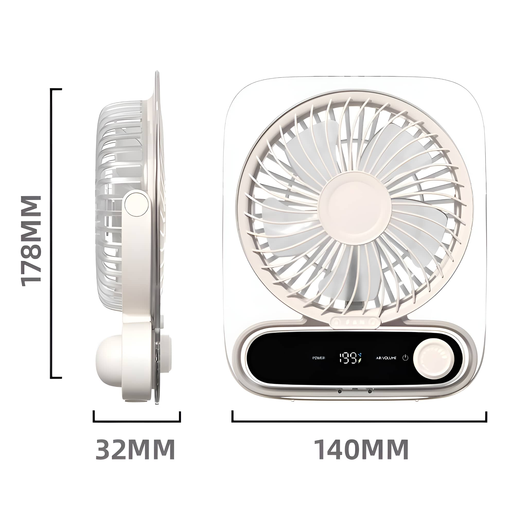 Zwei Ansichten eines weißen Ventilators, Abmessungen: 178 mm Höhe, 140 mm Breite, 32 mm Tiefe.