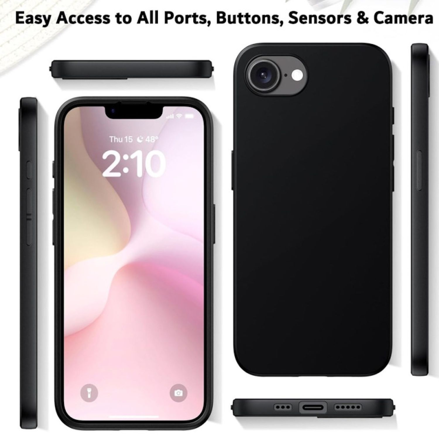 Schwarzes iPhone mit Hülle, verschiedene Winkel. Vorder-, Seiten-, Ober- und Unteransicht der Hülle.