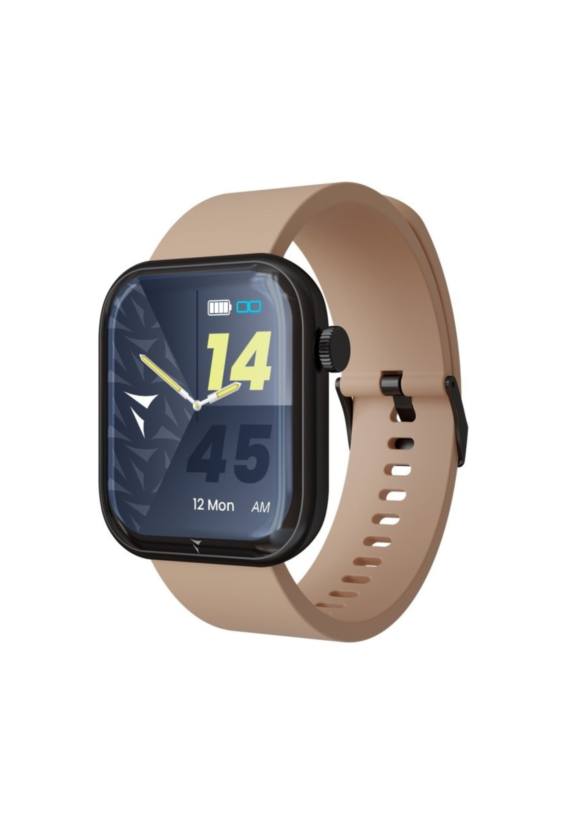 Une montre intelligente beige avec un écran noir affichant l'heure et la date. Bracelet noir.