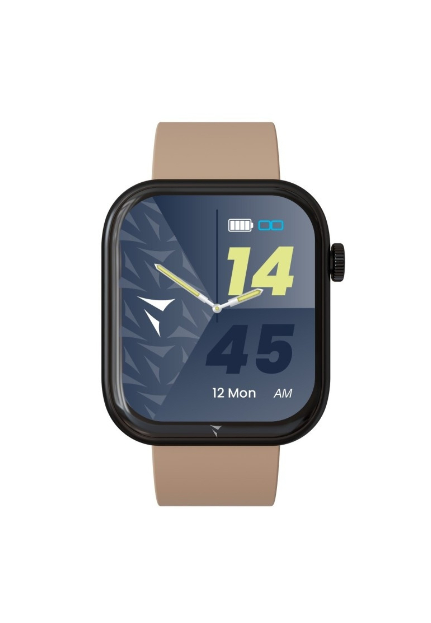 Une smartwatch carrée avec un bracelet beige, affichant l'heure et la date sur une interface bleue et jaune.