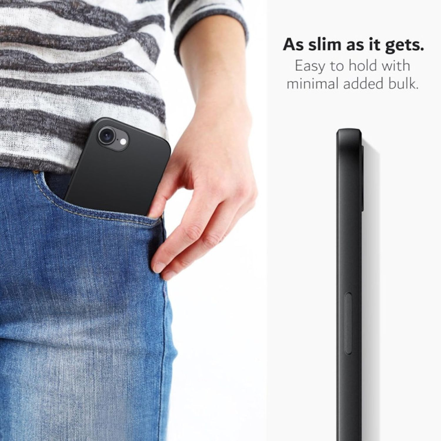 Hand einer Person in einer Jeans-Tasche, mit einem schwarzen Telefon. Ein Telefonrand ist sichtbar.