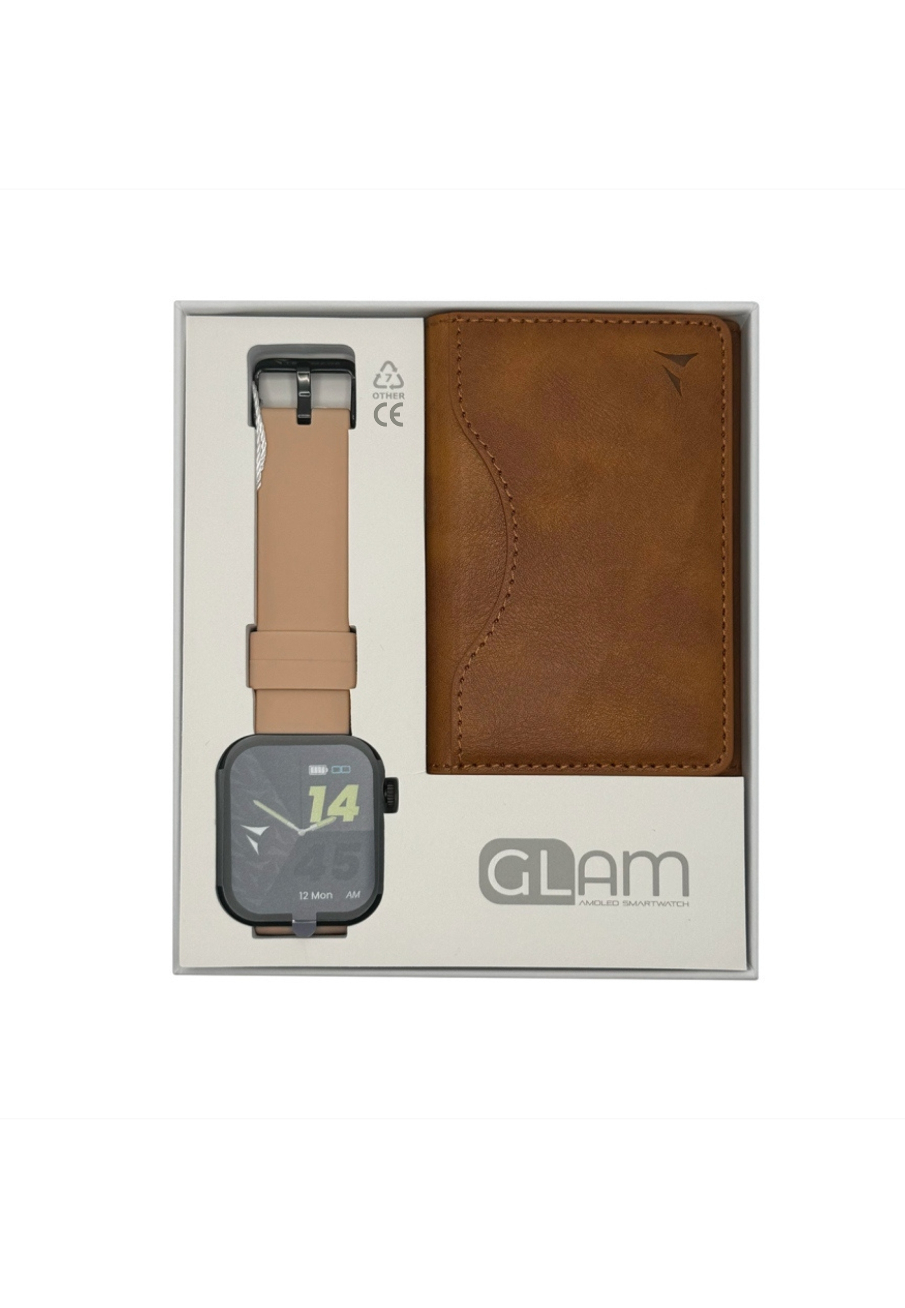 Un ensemble montre connectée et portefeuille dans une boîte, avec un bracelet beige.