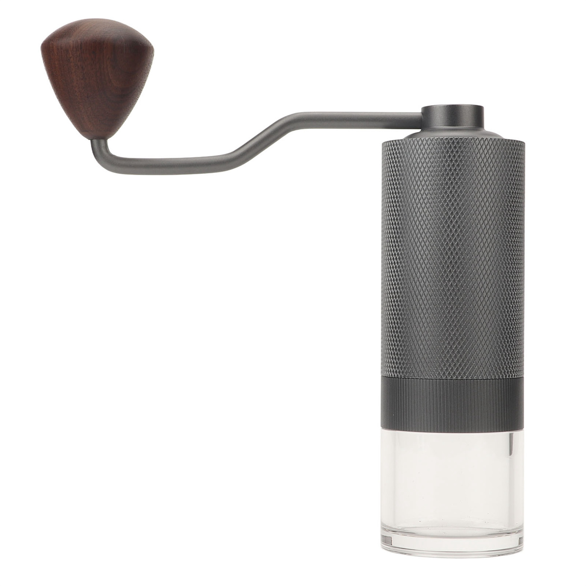 Manuelle Kaffeemühle mit Holzgriff, Metallkörper und transparentem Glasbehälter.