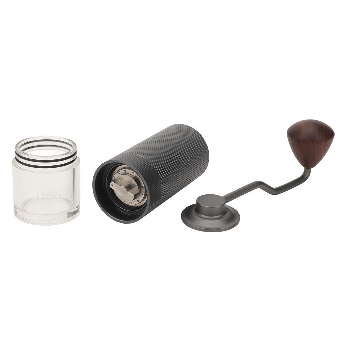 Kaffeemühle zerlegt mit Glasbehälter, dunkelgrauem Zylinder und Holzgriff.