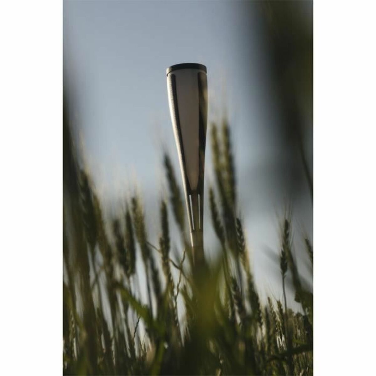 Ein hohes, dünnes, silbernes Objekt steht in einem Feld mit hohem, grünem Weizen.