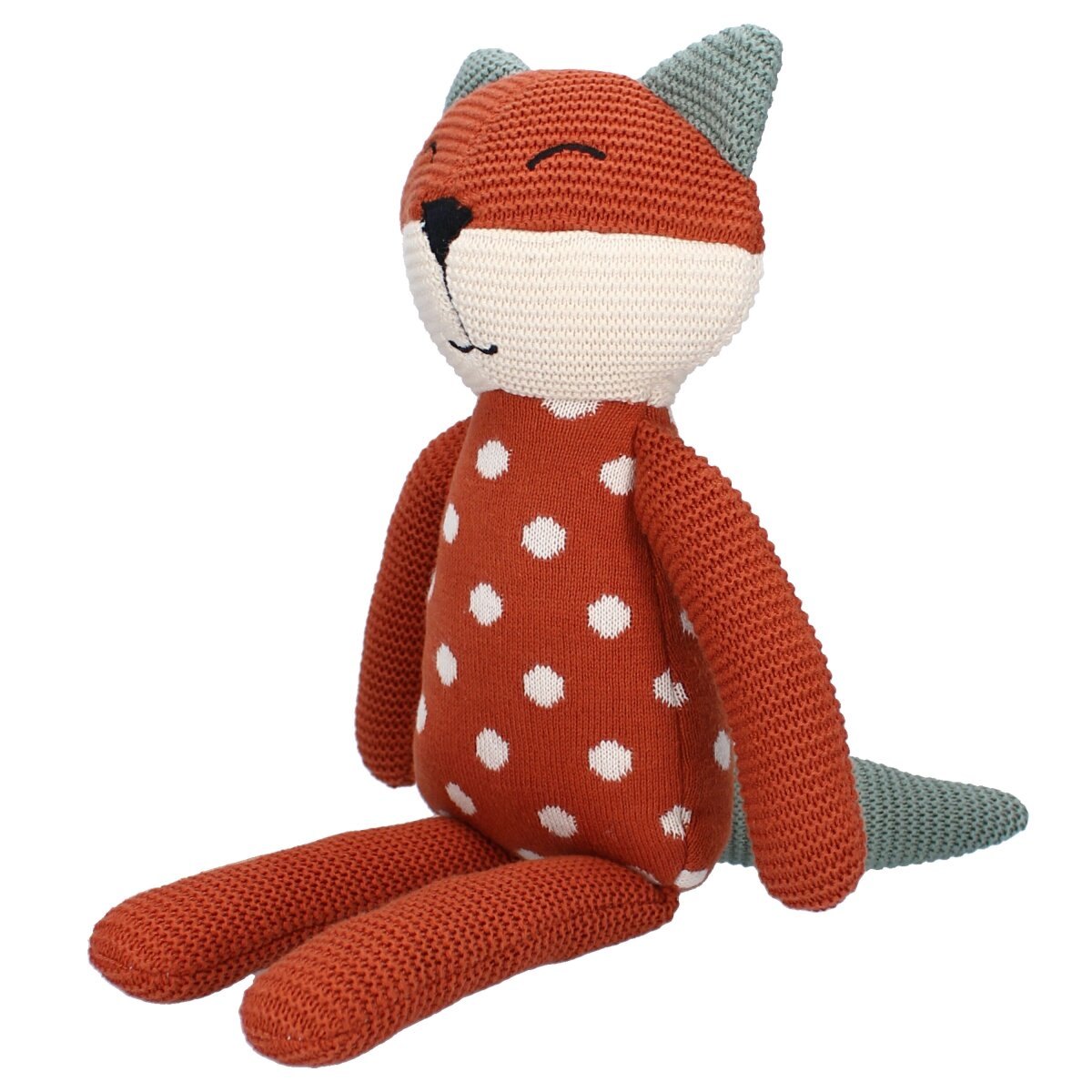 Ein Stofffuchs mit orangefarbenem Fell, weißen Punkten und grünem Schwanzende, sitzend.