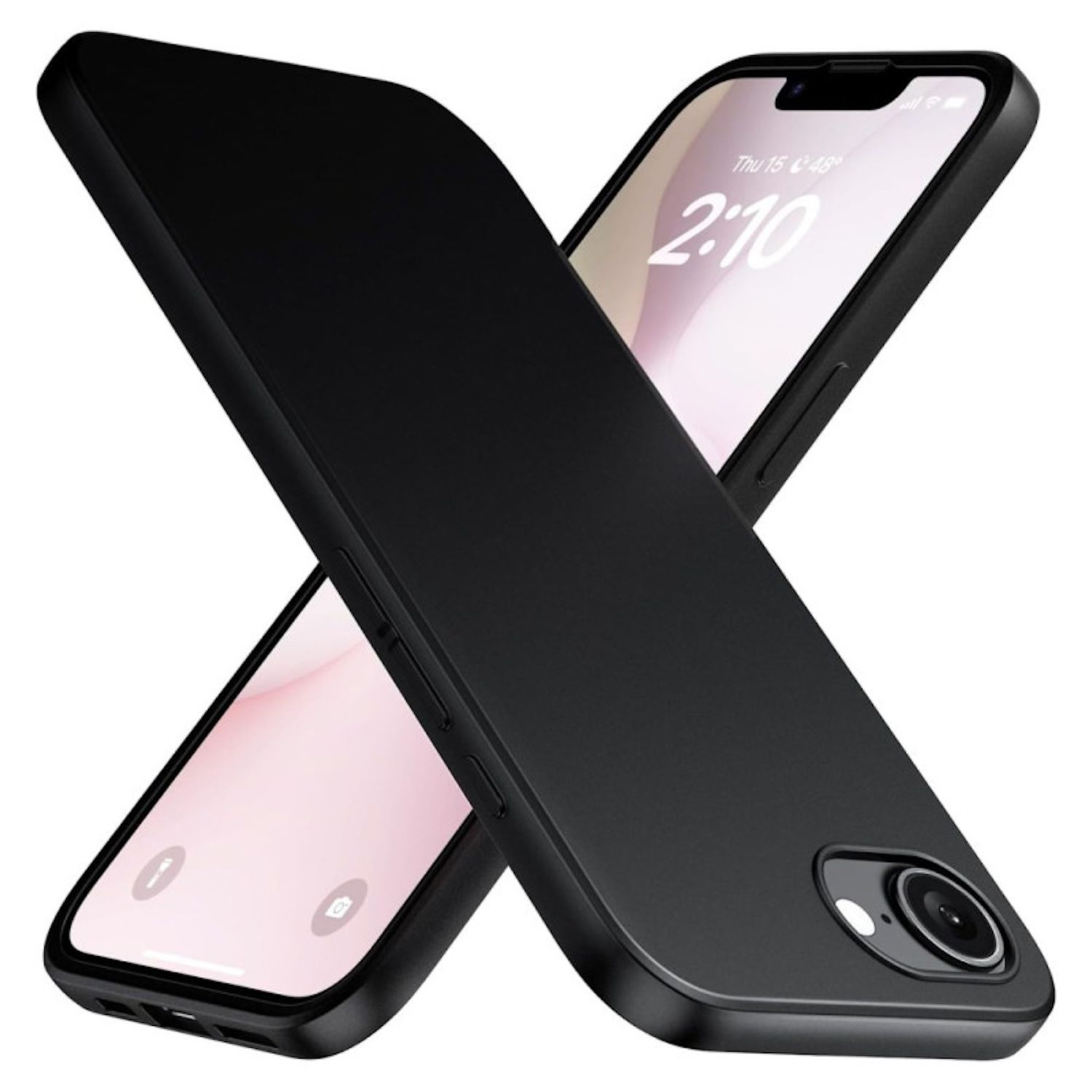 Schwarze Telefonhüllen, zwei überlappende. Ein Telefon ist mit eingeschaltetem Bildschirm sichtbar. Die Hüllen sind matt.