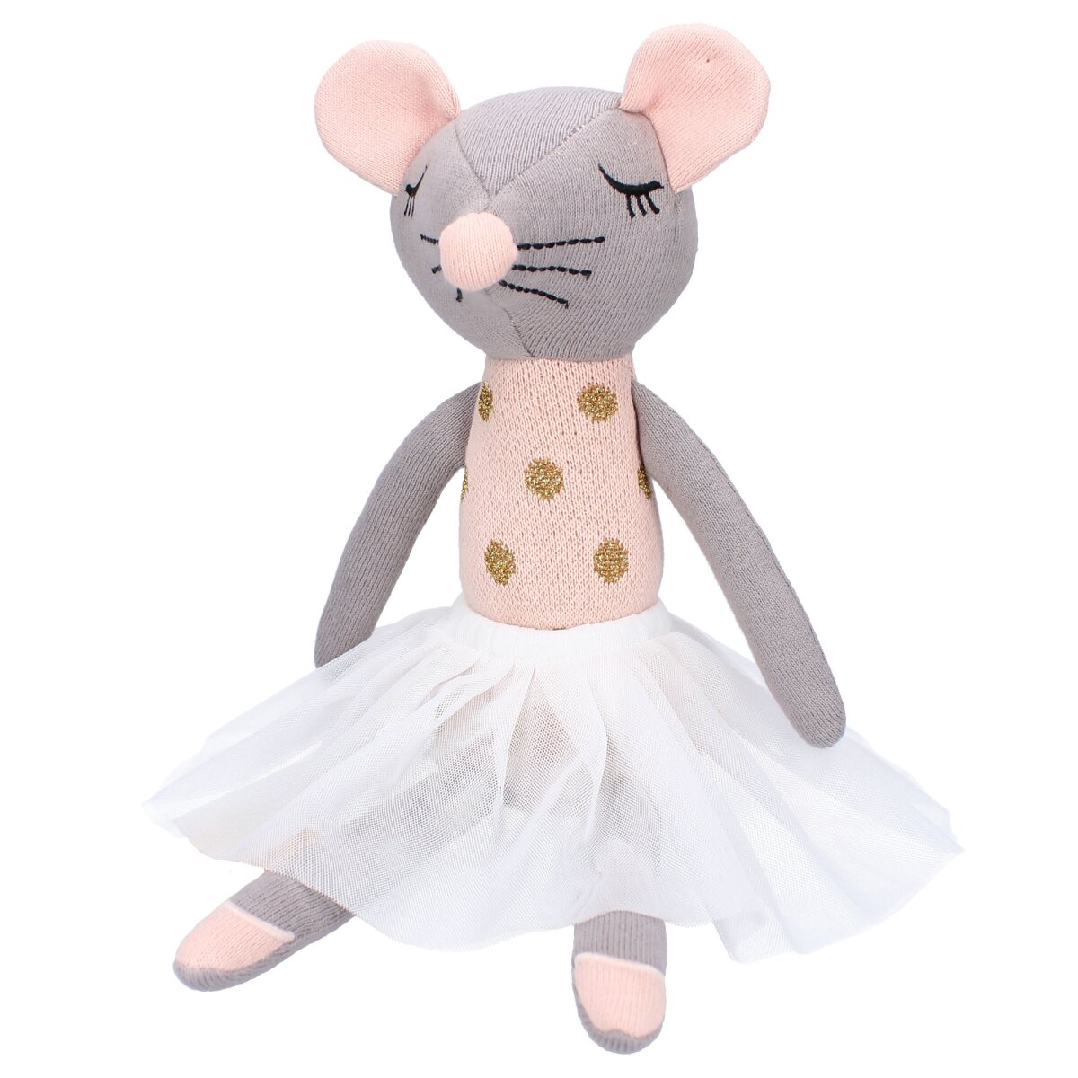 Ein Stoffmaus-Spielzeug mit rosa Kleid und weißem Tutu, auf weißem Hintergrund.