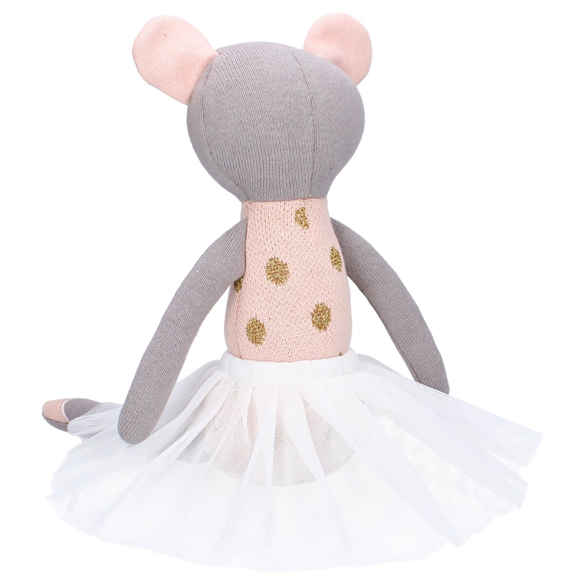 Ein graues Stoffmaus-Spielzeug mit rosa Kleid und weißem Tutu.