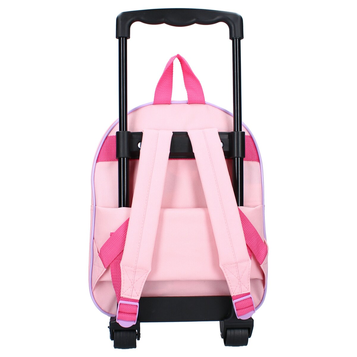 Rosa-lila Kinder-Rollrucksack. Verfügt über einen Griff, Träger und Räder. Weißer Hintergrund.