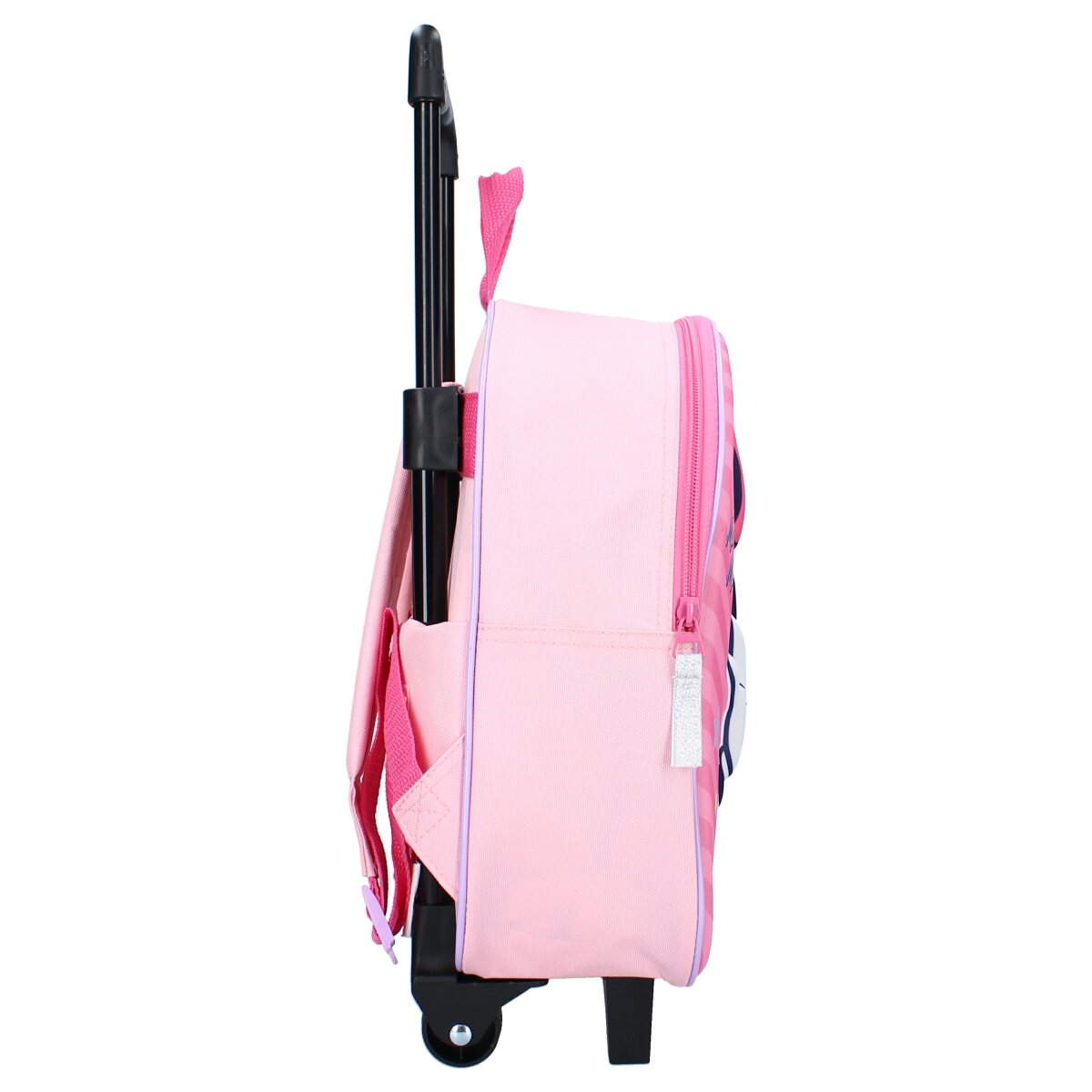 Rosa Rollrucksack, Seitenansicht, mit ausgezogenem Ziehgriff. Reißverschluss und Details sichtbar.