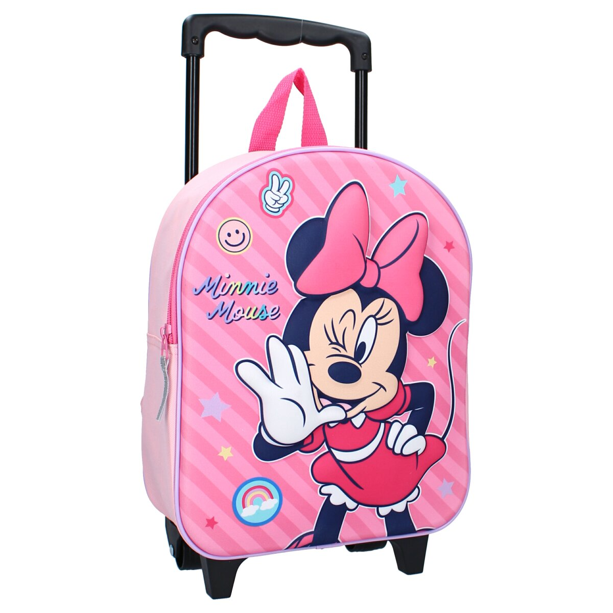 Ein rosa Minnie Mouse Rollkoffer, Vorderansicht, auf weißem Hintergrund.