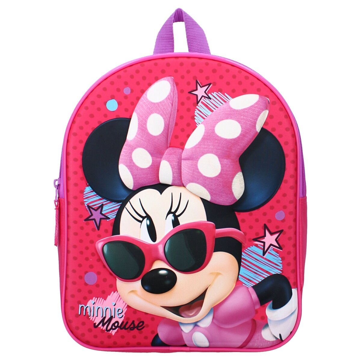 Pinker Minnie-Maus-Rucksack mit Sonnenbrille, Tupfen-Schleife und Sternen. Der Hintergrund ist rosa mit Tupfen und Linien.