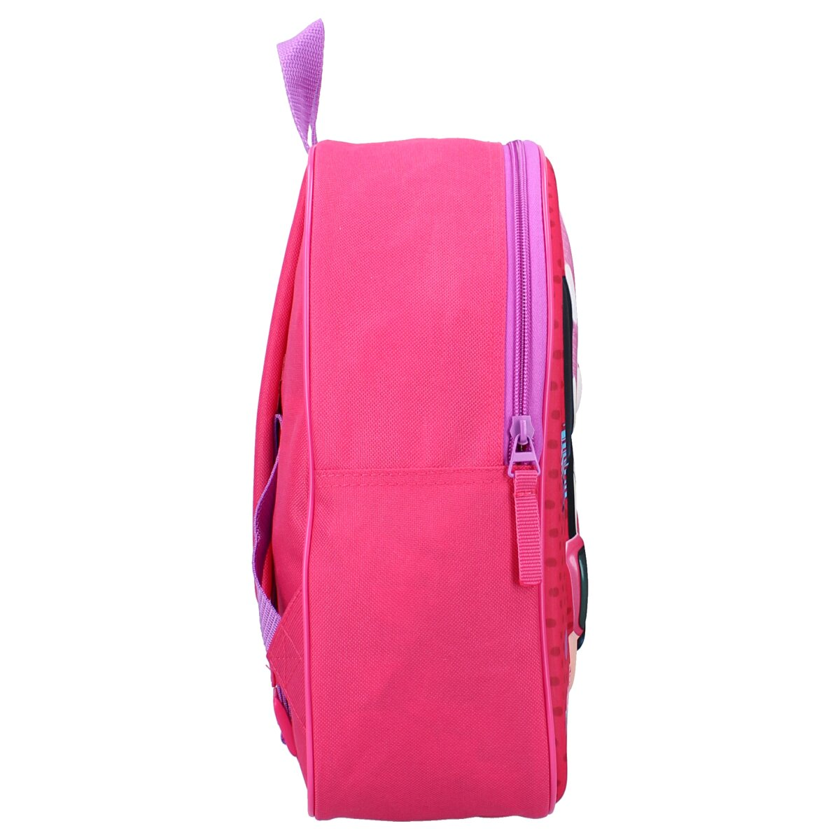 Rosa Rucksack mit Reißverschluss und lila Griff, Seitenansicht.