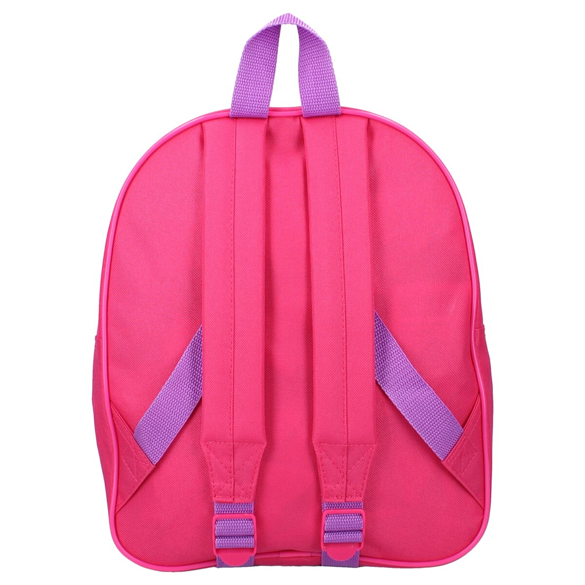 Rosa Rucksack mit lila Trägern. Die Tasche hat eine abgerundete Oberseite und einen Reißverschluss.