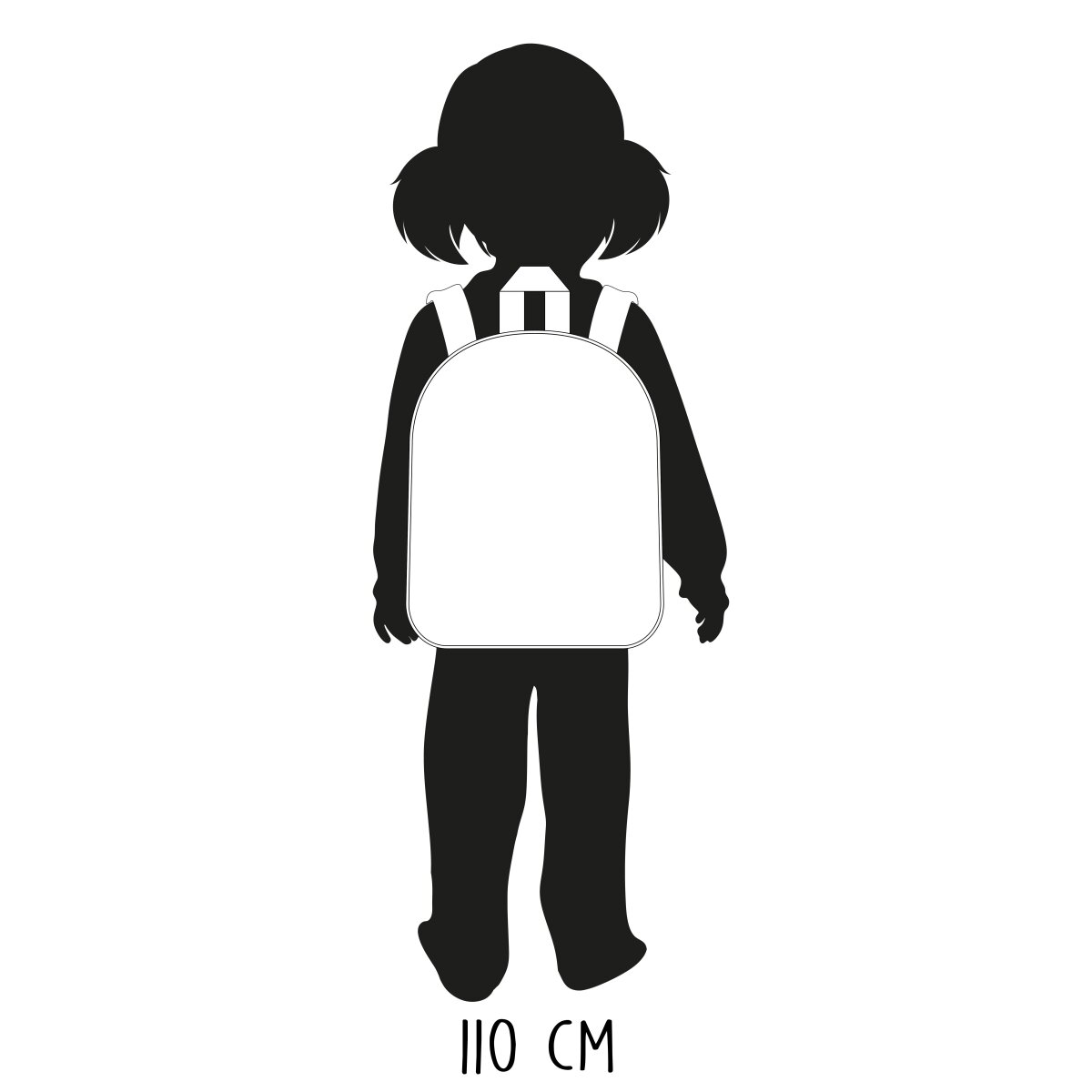 Schwarze Silhouette eines Kindes mit Rucksack. Der Rucksack ist weiß.