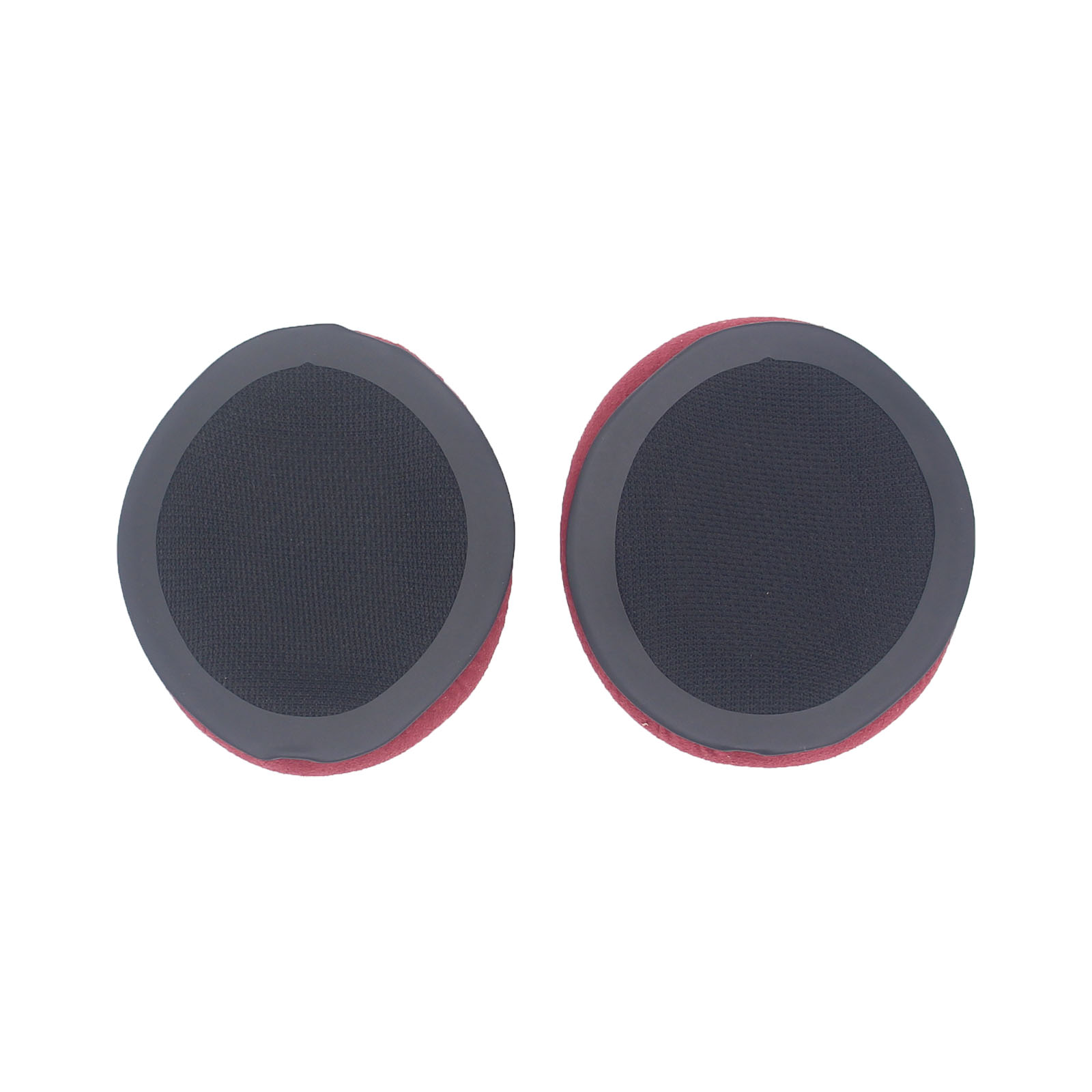 Dwie okrągłe czarno-czerwone podkładki, prawdopodobnie do sprzętu do ćwiczeń, na białym tle.