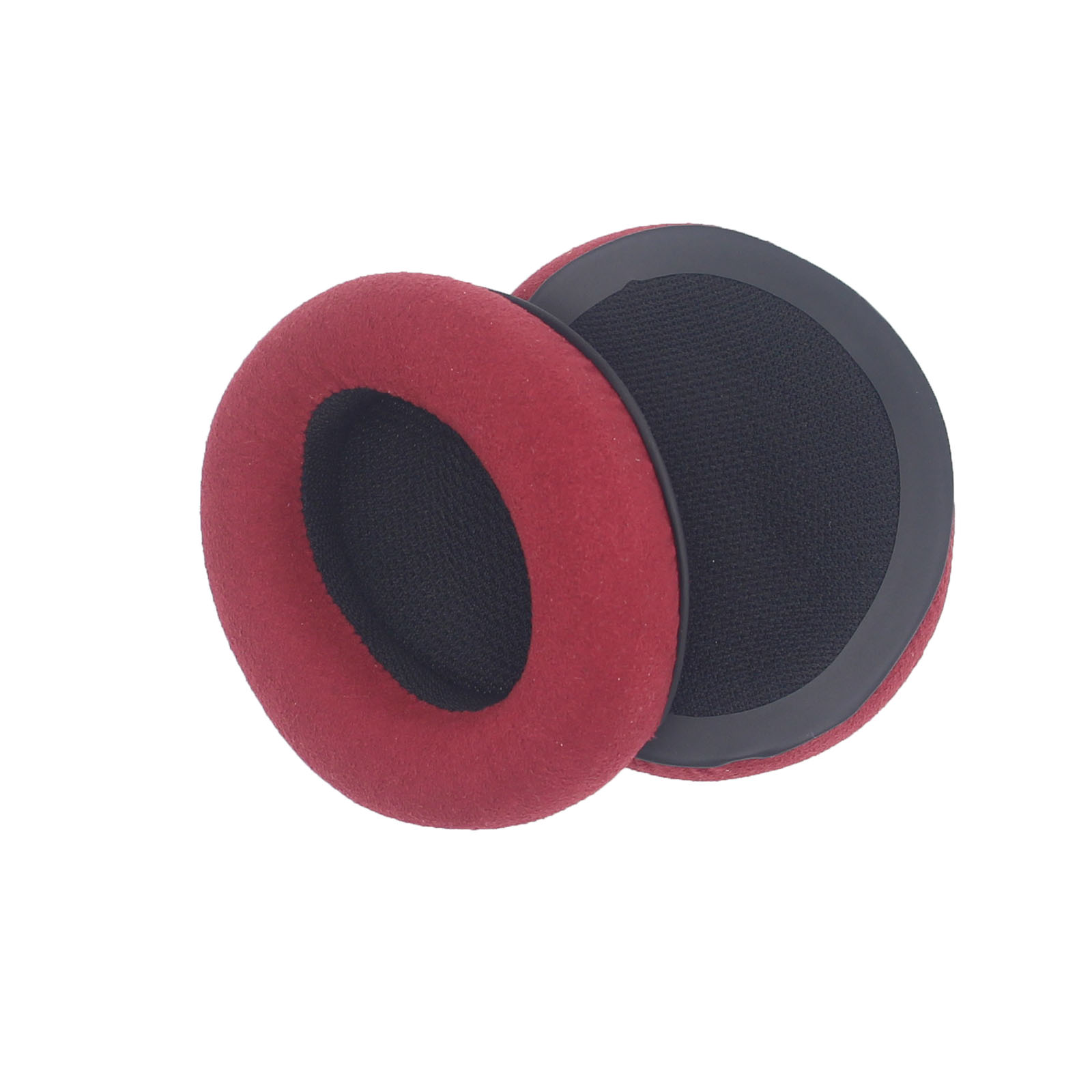 Dwie czerwono-czarne poduszki do słuchawek. Czerwone poduszki mają w środku czarną siatkę.