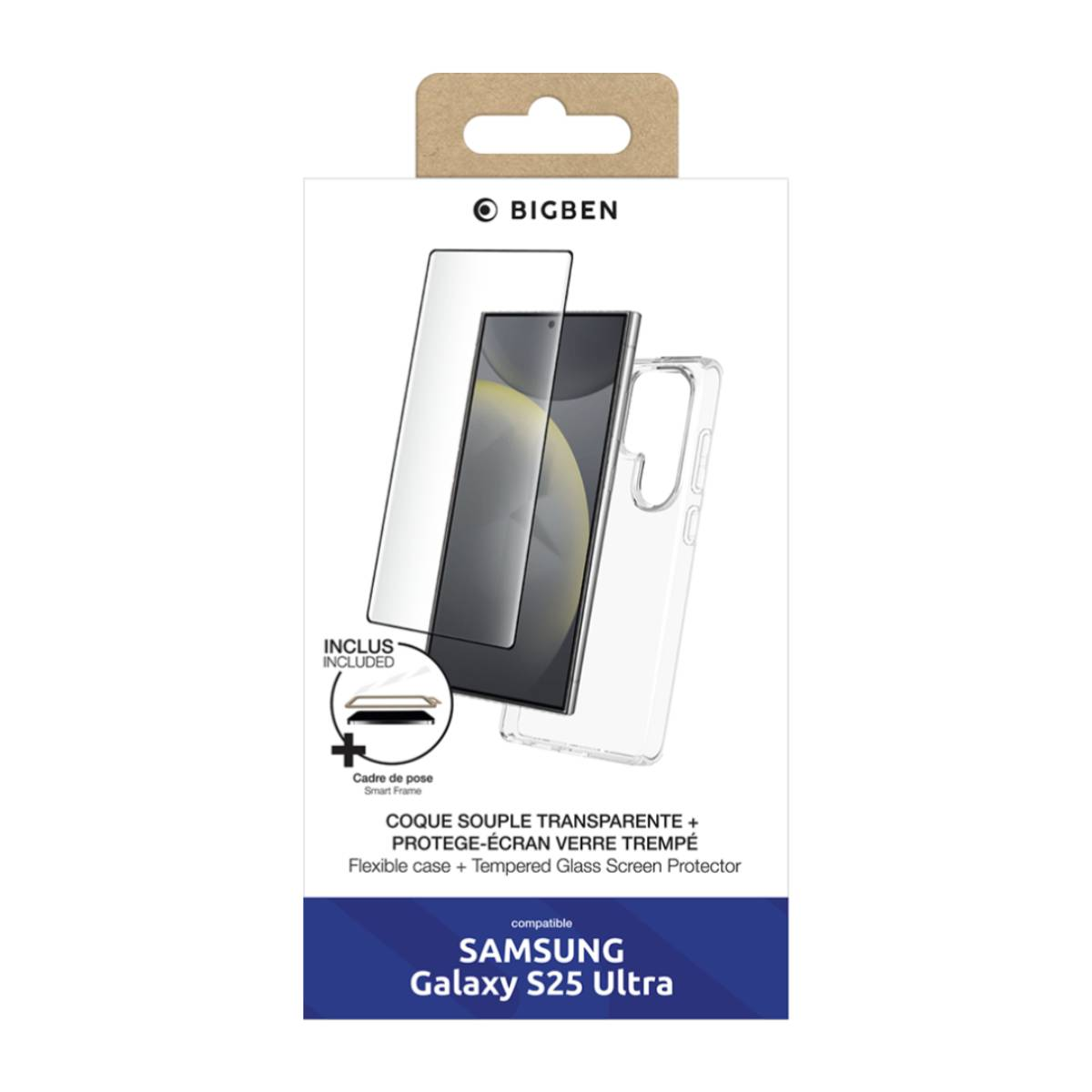 Scatola contenente custodia e protezione schermo. Testo: "SAMSUNG Galaxy S25 Ultra".