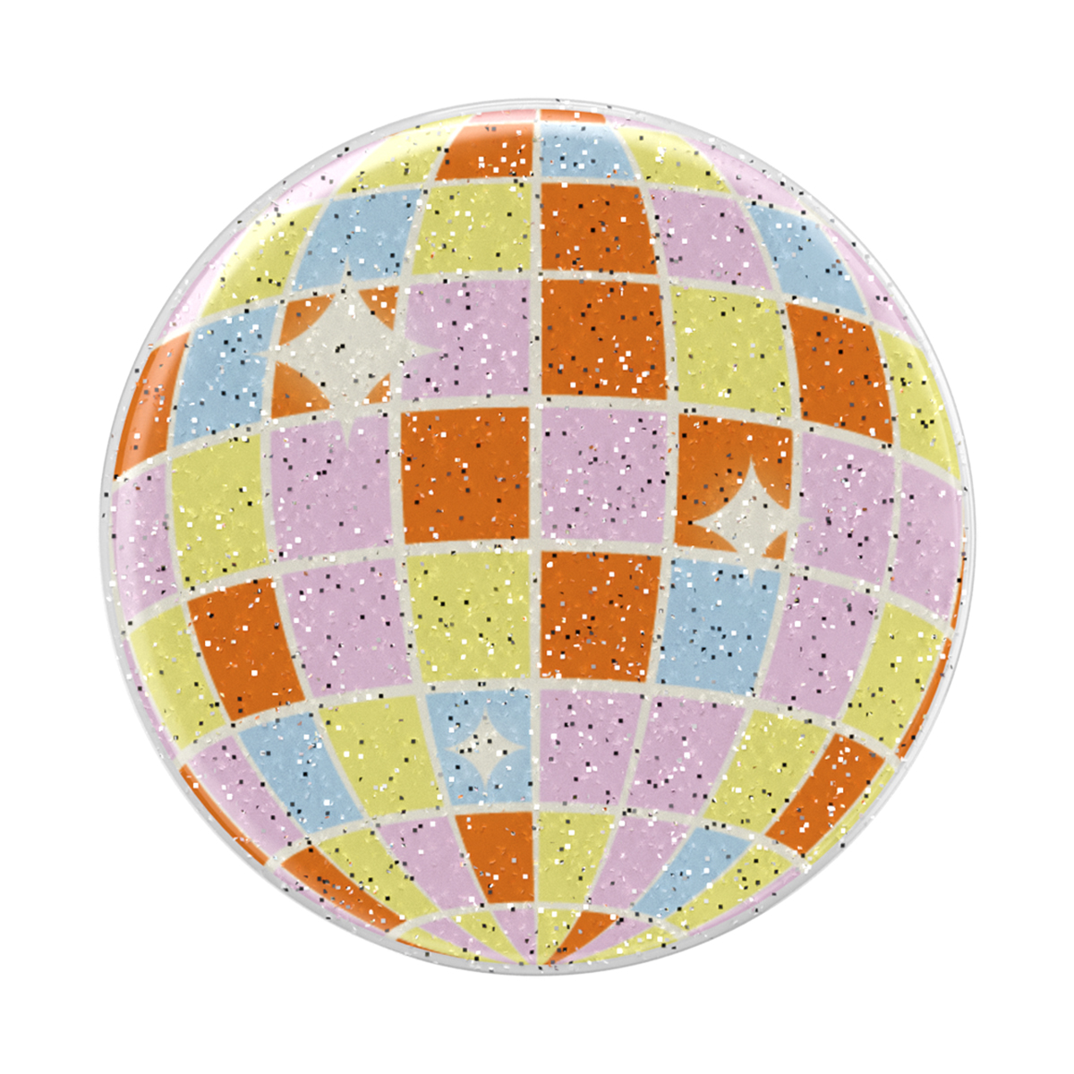 Una sfera colorata, simile a una palla da discoteca, con quadrati di vari colori e brillantini bianchi.